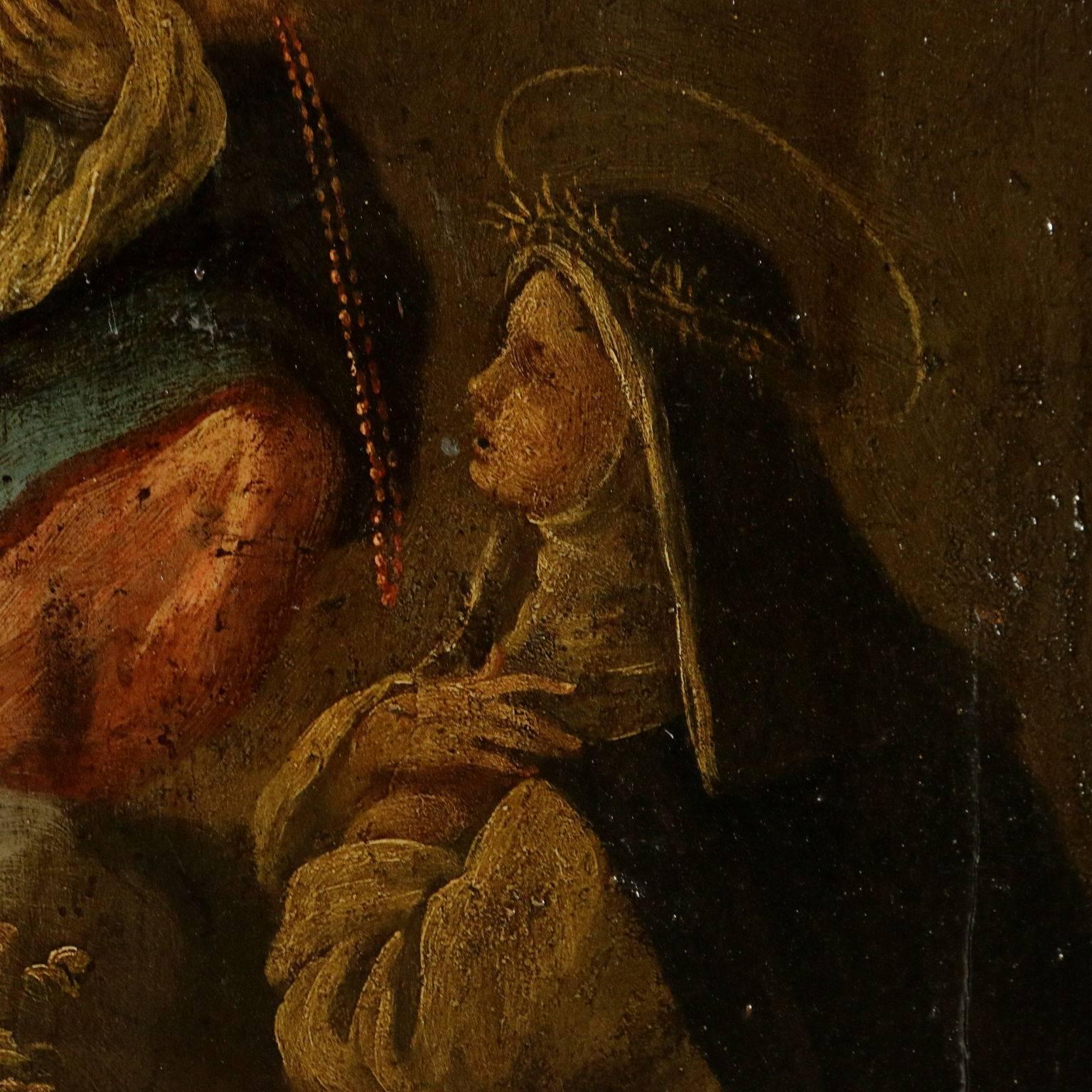Rosary Madonna with the Child and Saints Oil on Board 17th Century - Brown Portrait Painting by Unknown