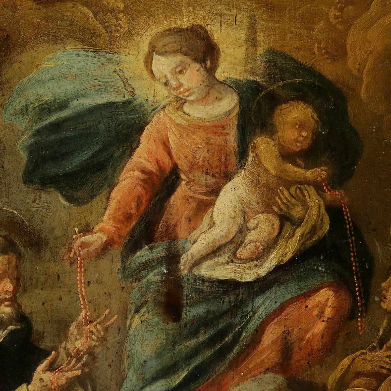 Rosary Madonna with the Child and Saints Oil on Board 17th Century - Painting by Unknown