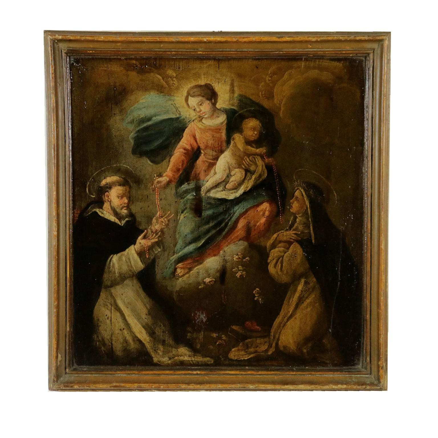 Unknown Portrait Painting - Rosary Madonna with the Child and Saints Oil on Board 17th Century