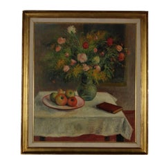 Still Life by Amerigo Canegrati Flowers and Fruit Oil on Canvas, 1938