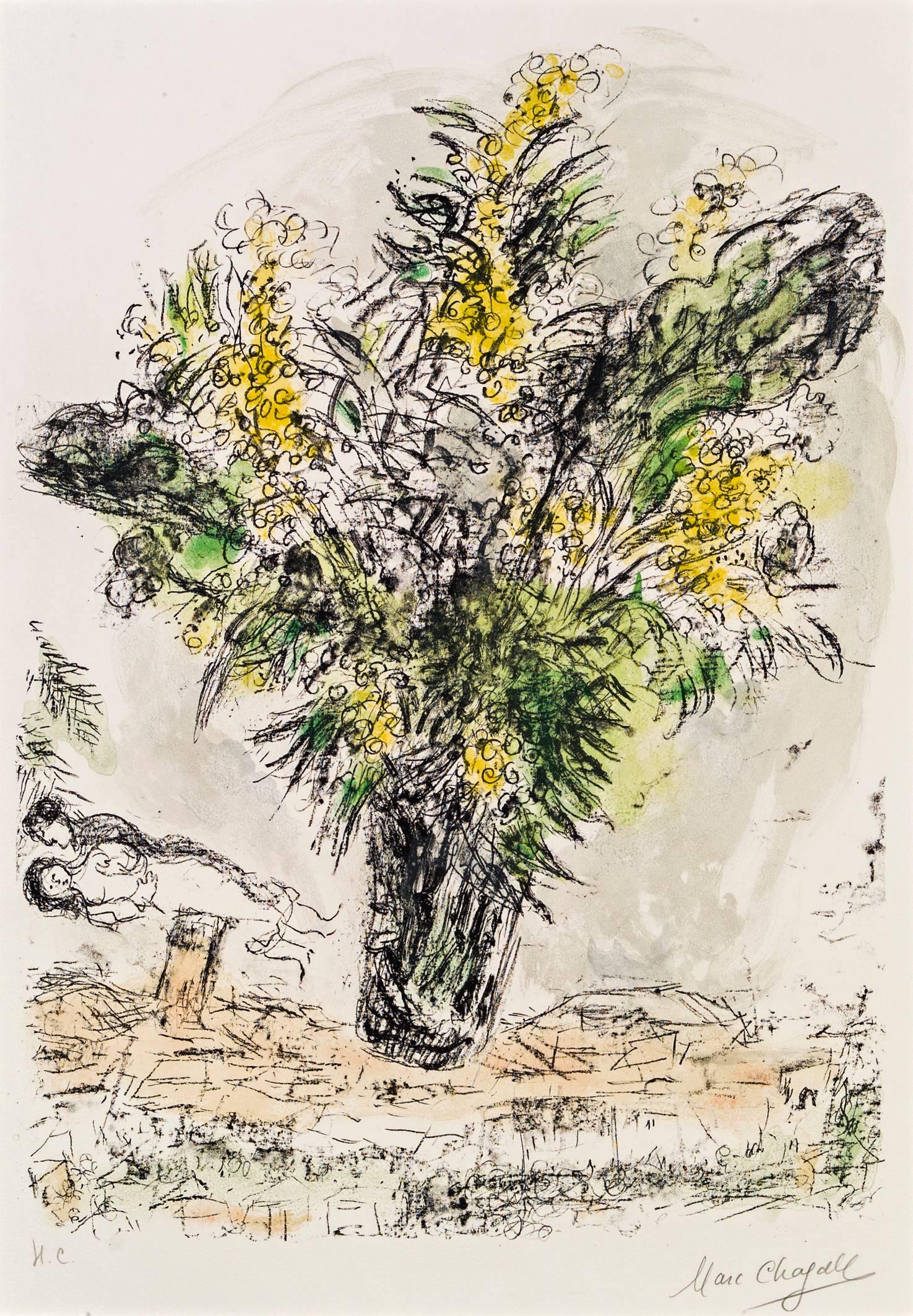 Titled with ''Les Mimosas'' this work was issued by Chagall in 1968 in Paris.
Printed by the fine art workshop of the Mourlot Brothers, the work is hand signed in pencil with ''Marc Chagall' and further labeled with ''M.C.'' on the lower