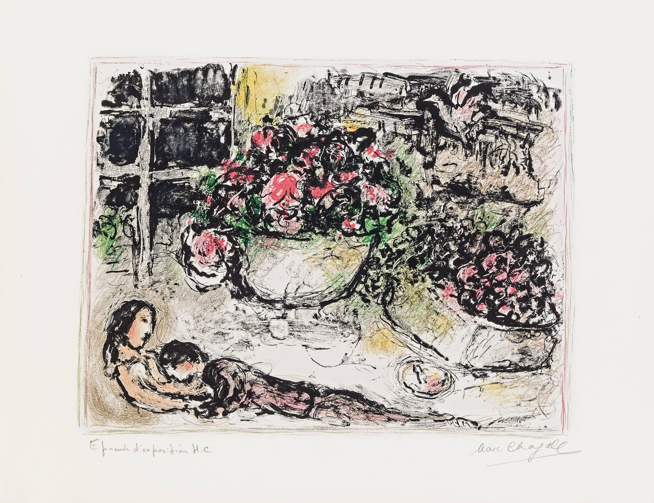 Titled with ''La Table Fleurie' this work was issued in 1973 in Paris and printed by the artesian printers of Chagall's choice, the Mourlot Brothers.
Hand singed in pencil with ''Marc Chagall'' and on the lower left with ''Epreuve d'exposition