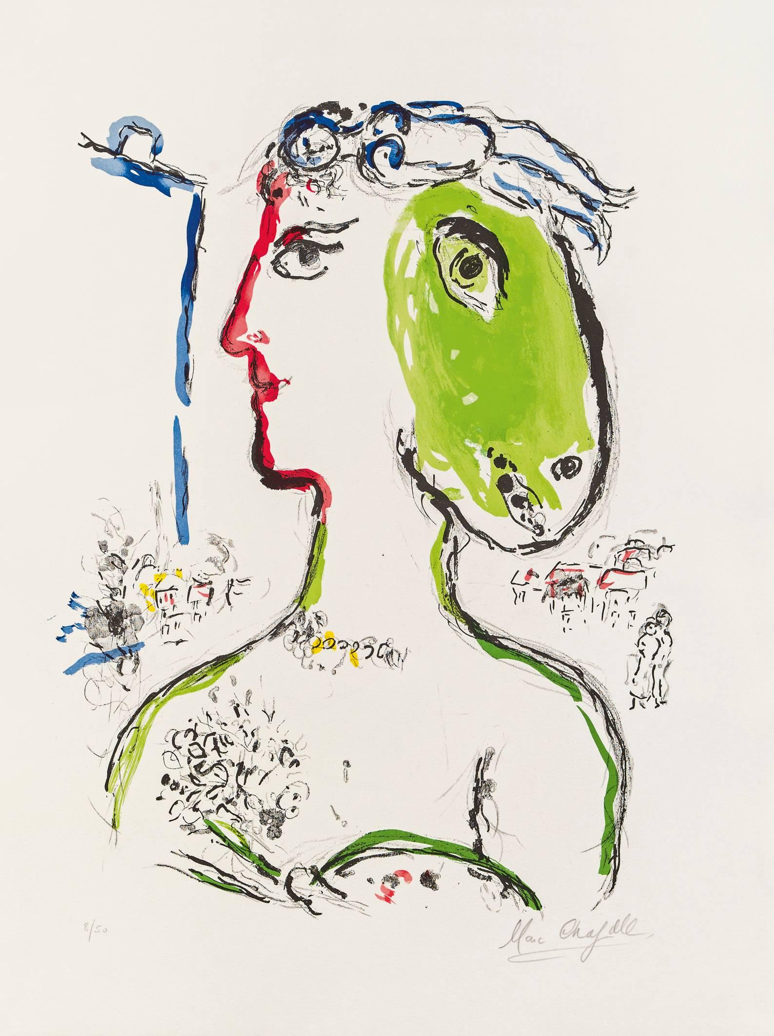 Printed by Mourlot Frères for the Chagall Exhibition in 1972 at the Gallery Maeght. The print is hand signed in pencil with ''Marc Chagall'' and numbered on the lower left with '' 8/50 ''

Technique: color lithograph on Vèlin paper by