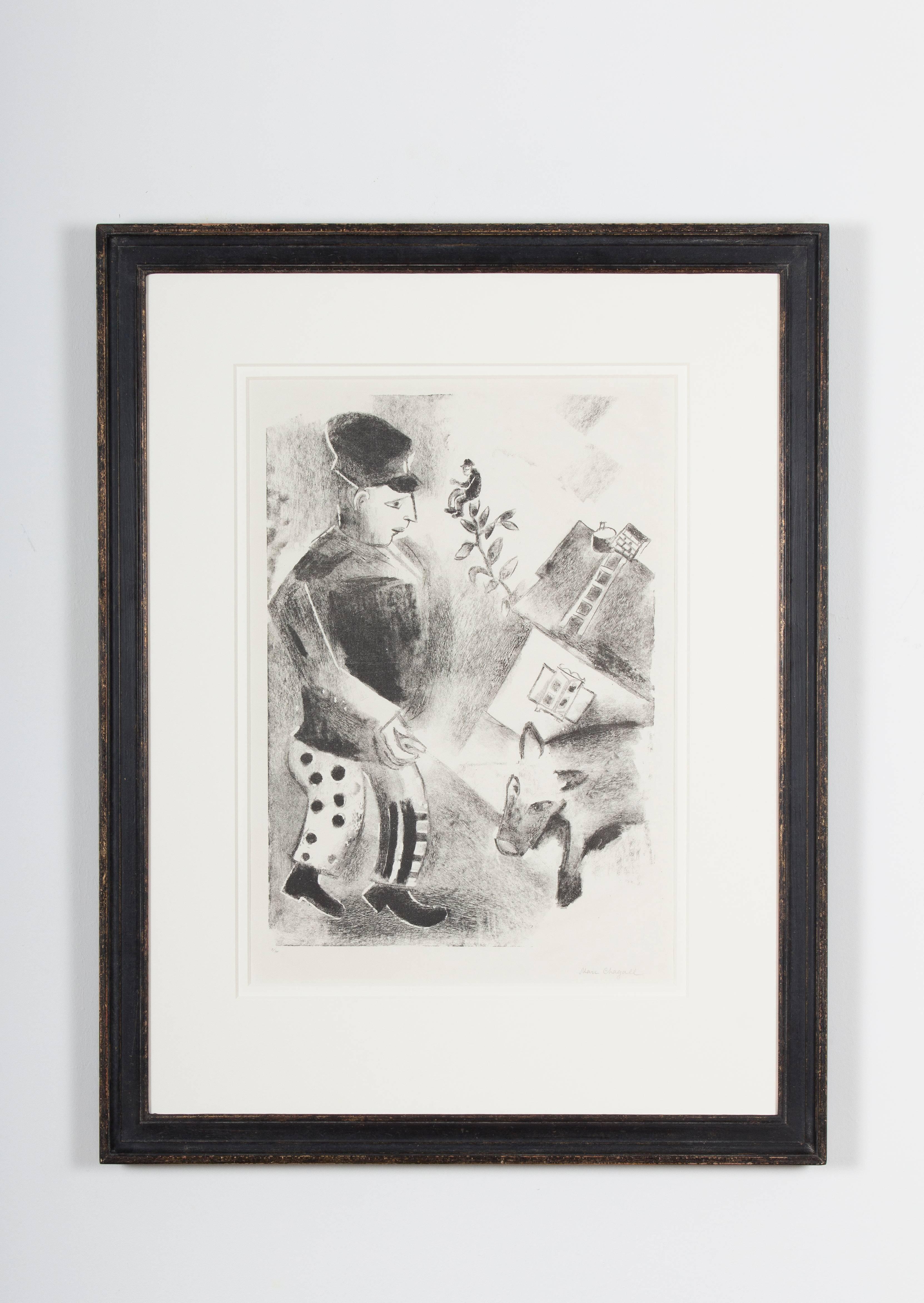 one of the earlier works from the Berlin period, titled with 'L'Homme au cochon'.
Numbered 5/35 and hand signed with pencil 'Marc Chagall'

Technique: lithograph on Vergé paper
Measures: Illustration 46.5 x 32.5 cm / 18.3 x 12.8''
Paper 68 x 51 cm /