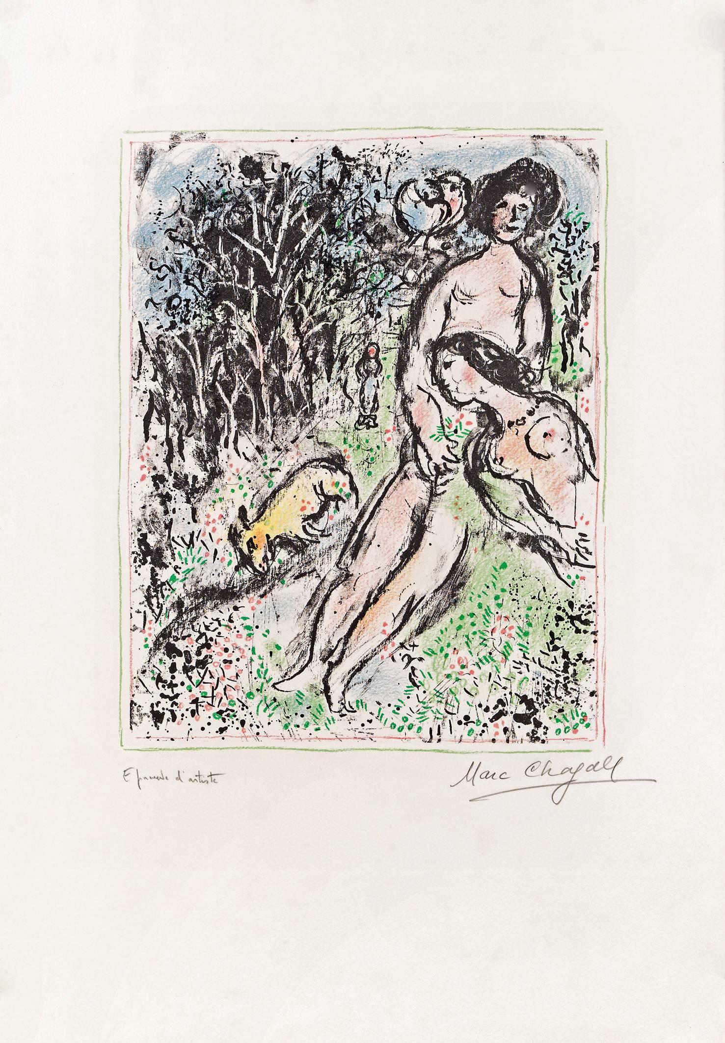Marc Chagall Figurative Print - Idylle Aux Champs, 1974