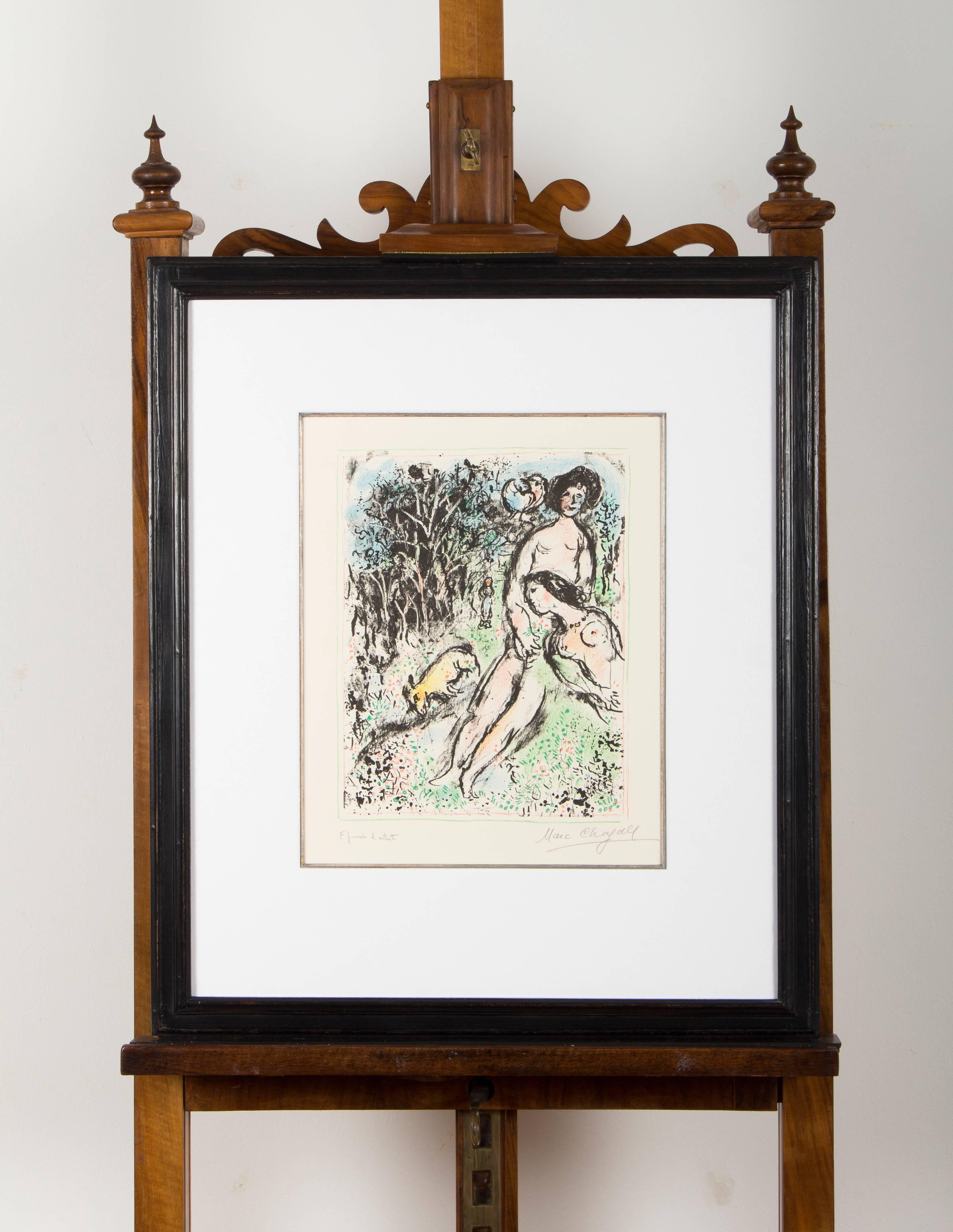 Titled in French with ''Idylle aux Champs'' this work was printed by the Mourlot Frères in Paris and is hand signed in pencil by the artist ''Marc Chagall''

Further on the lower left in pencil ''Épreuve d'artiste'' (artist's proof)

Technique: