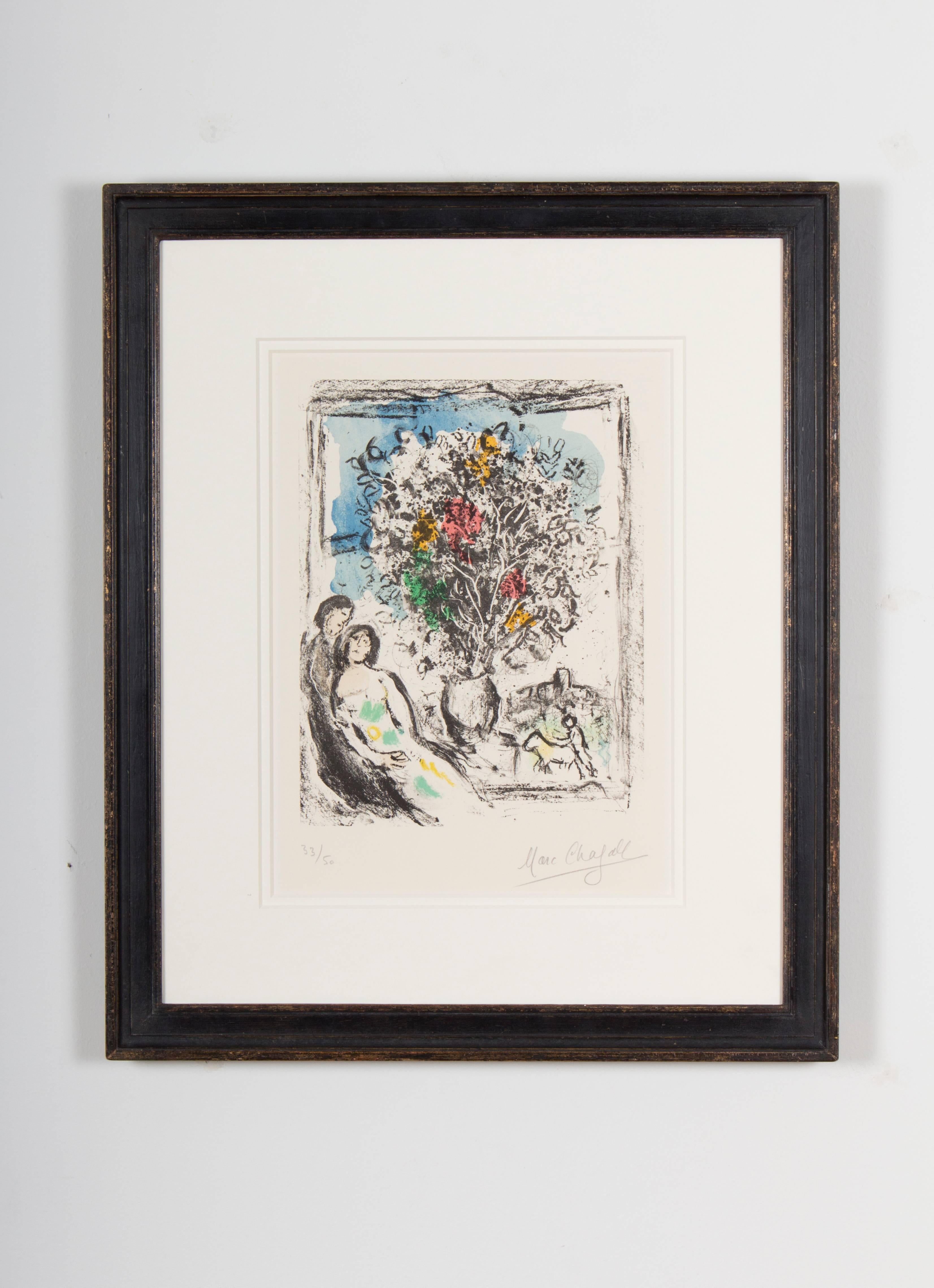 Titled in English: 'The Small Blue Window' this print was issued by Gallery Maeght and printed by the Mourlot Frères in Paris.
The work is hand signed in pencil ''Marc Chagall'' and numbered on the lower left ''33/50''.

Technique: color lithograph