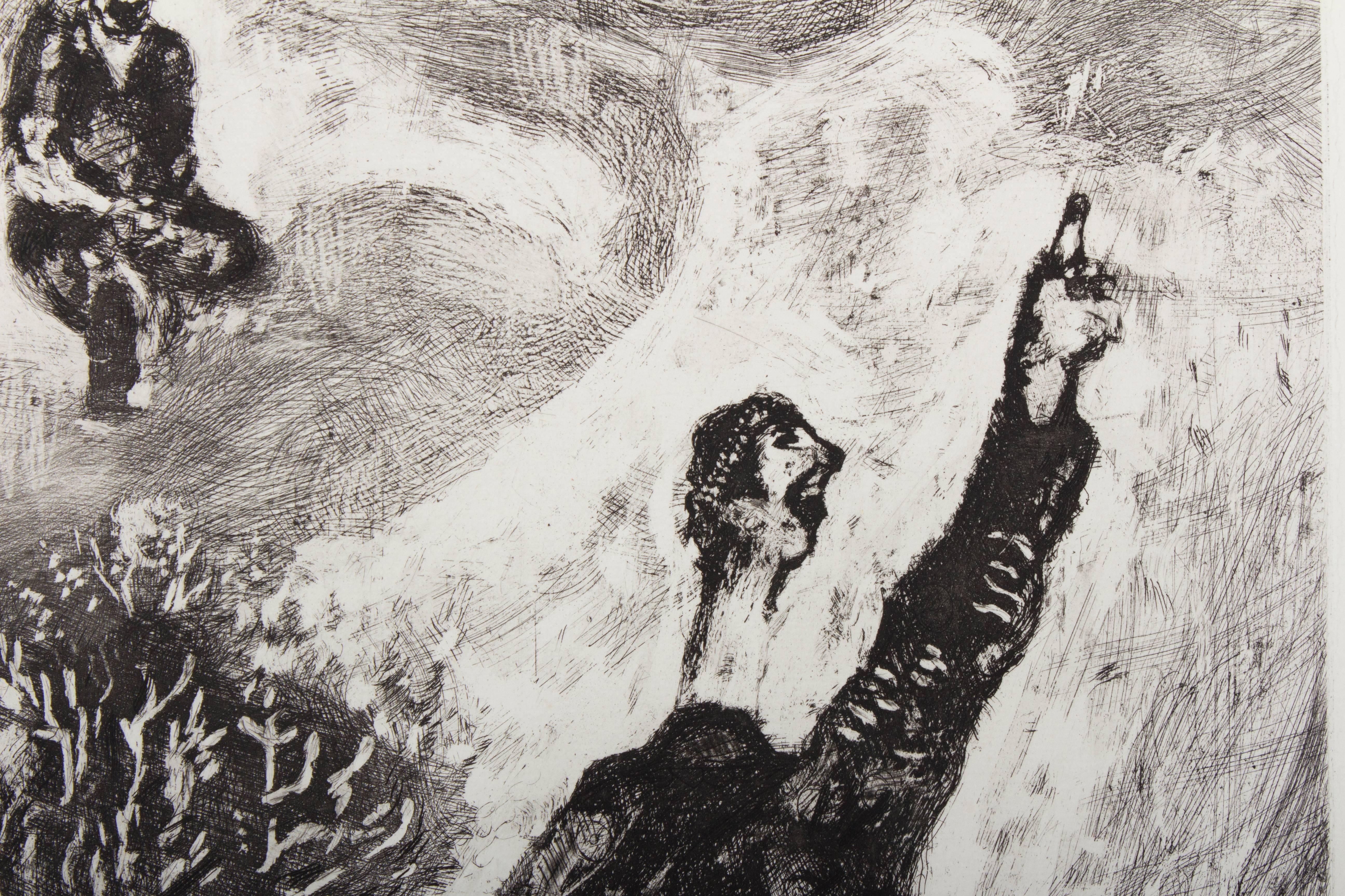 The illustration named 'Le Charlatan' was issued by Marc Chagall for Ambroise Vollard for the book 'Les Fables de la Fontaine'. Printed by Maurice Potin in Paris it is number 71 /100.
Hand signed in pencil 'Marc Chagall' and signed on the upper left