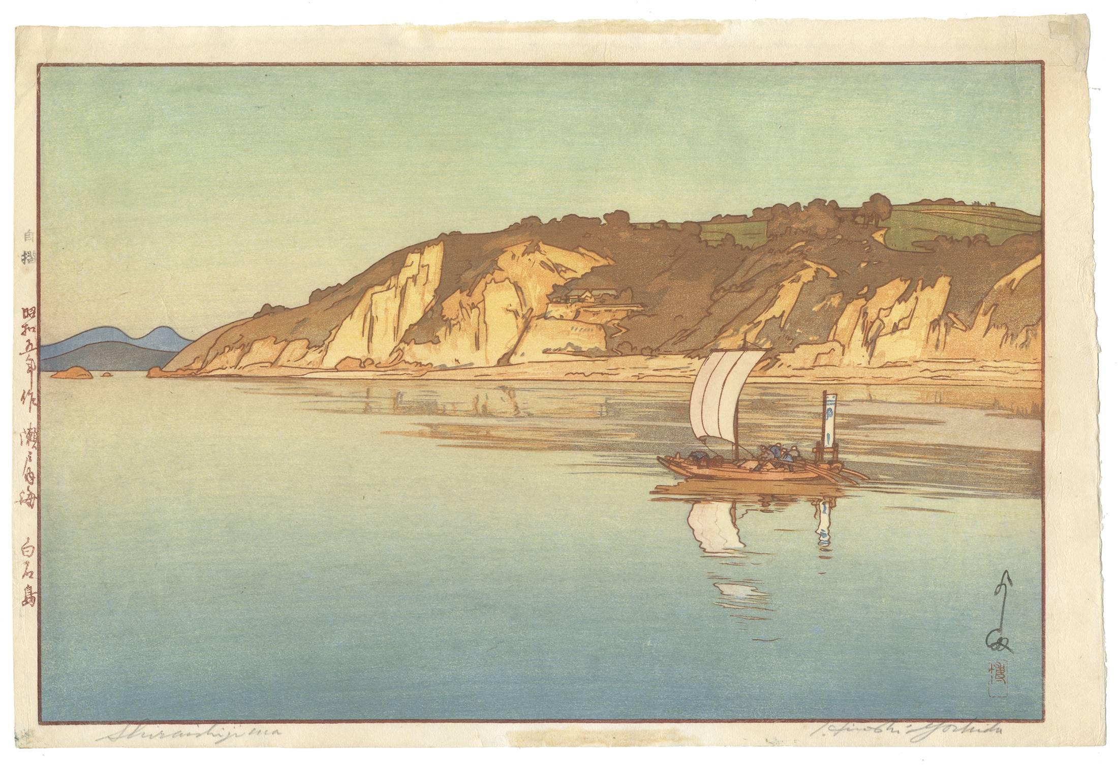 Hiroshi Yoshida (1876-1950)
Titel: Insel Shiraishi
Serie: Binnenmeer
Datum: 1930
Abmessungen: 40,7 x 27,2 cm
Zustand: Kleberückstände von früherer Montage auf Vorder- und Rückseite. Die obere rechte Ecke wurde restauriert. 
Original