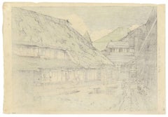 Kawase Hasui Original Japanese Woodblock Print, Mountain Onsen Green Rainy Scene
