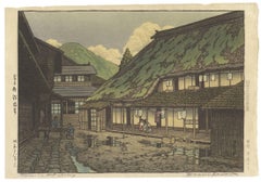 Kawase Hasui Original Japanese Woodblock Print, Mountain Onsen Green Rainy Scene