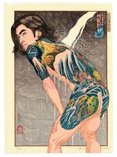 Paul Binnie, Hokusai Waterfalls, Tattoo, Ukiyo-e, Contemporary Woodblock Print