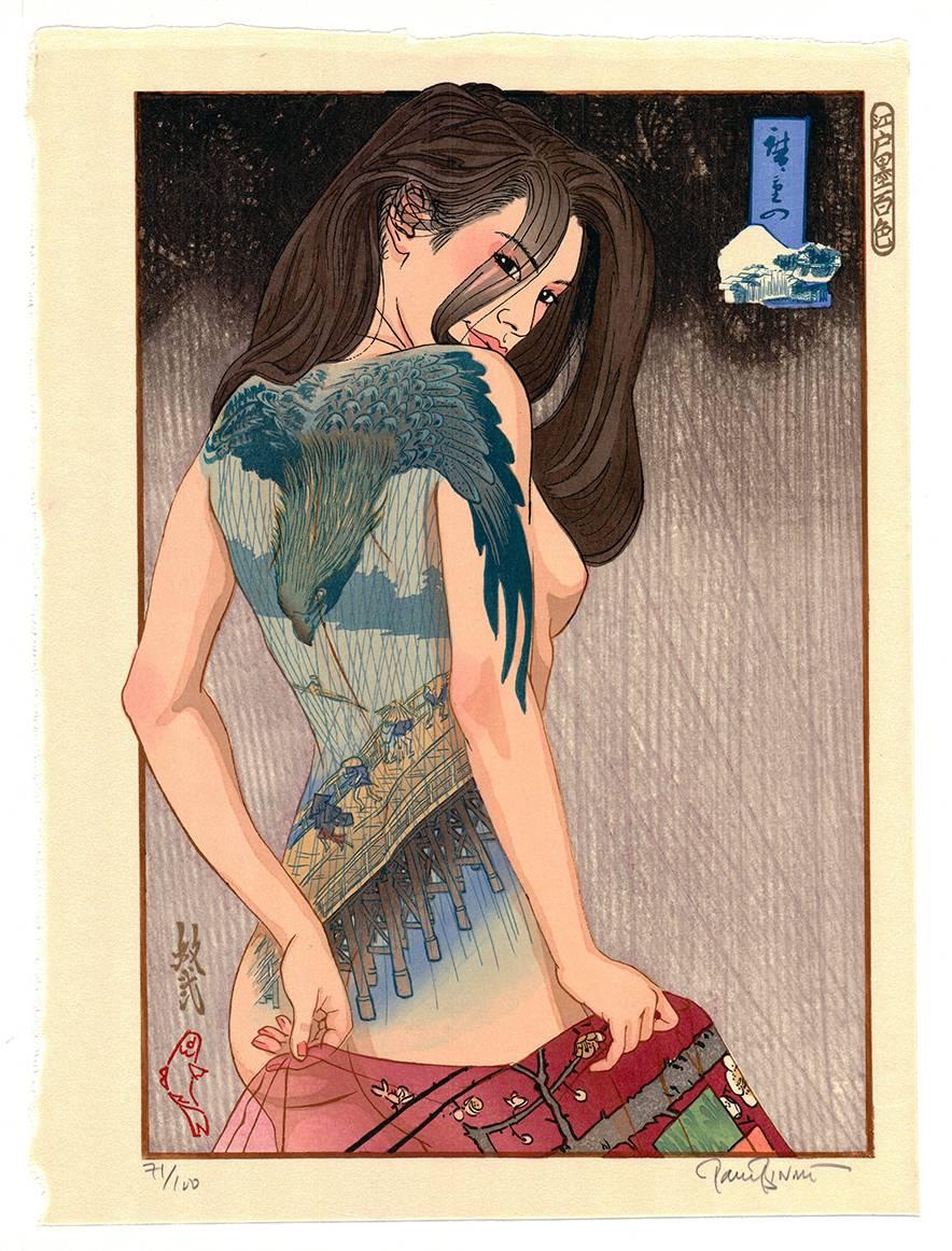 Paul Binnie Nude Print - Hiroshige no Edo, Ukiyo-e Woodblock Print, Falcon Tattoo, Erotica Contemporary