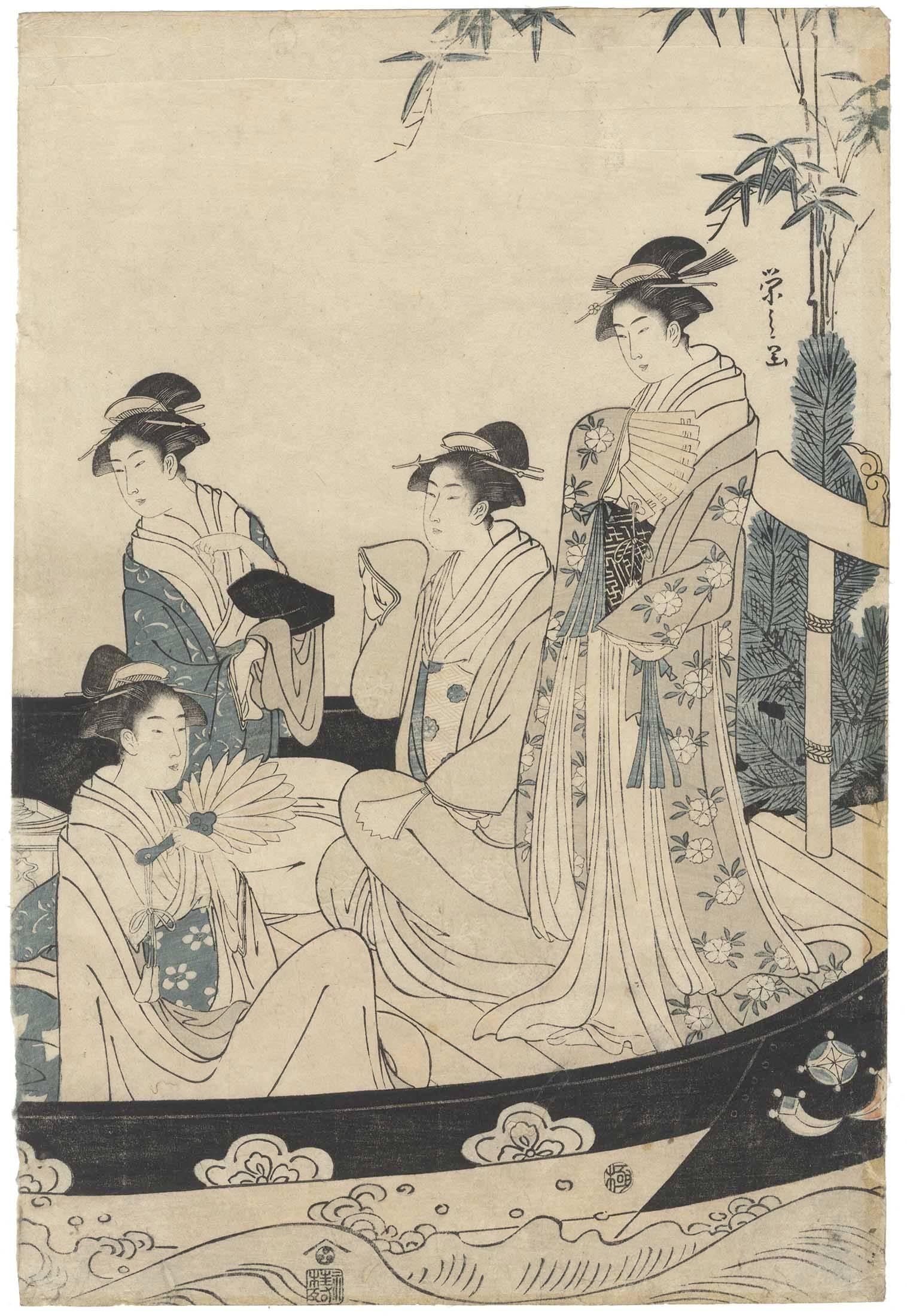 Eishi Chobunsai, Phoenix Boat, Japanese Woodblock Print, Beauties, Edo, Ukiyo-e For Sale 2