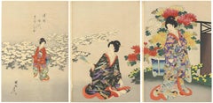 Chikanobu Japanese Woodblock Print, Tokugawa Court Ladies, Chrysanthemum Flowers