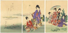 Antique Chikanobu Yoshu, Court Ladies, Kimono, Nature, Japanese Woodblock Print, Beauty
