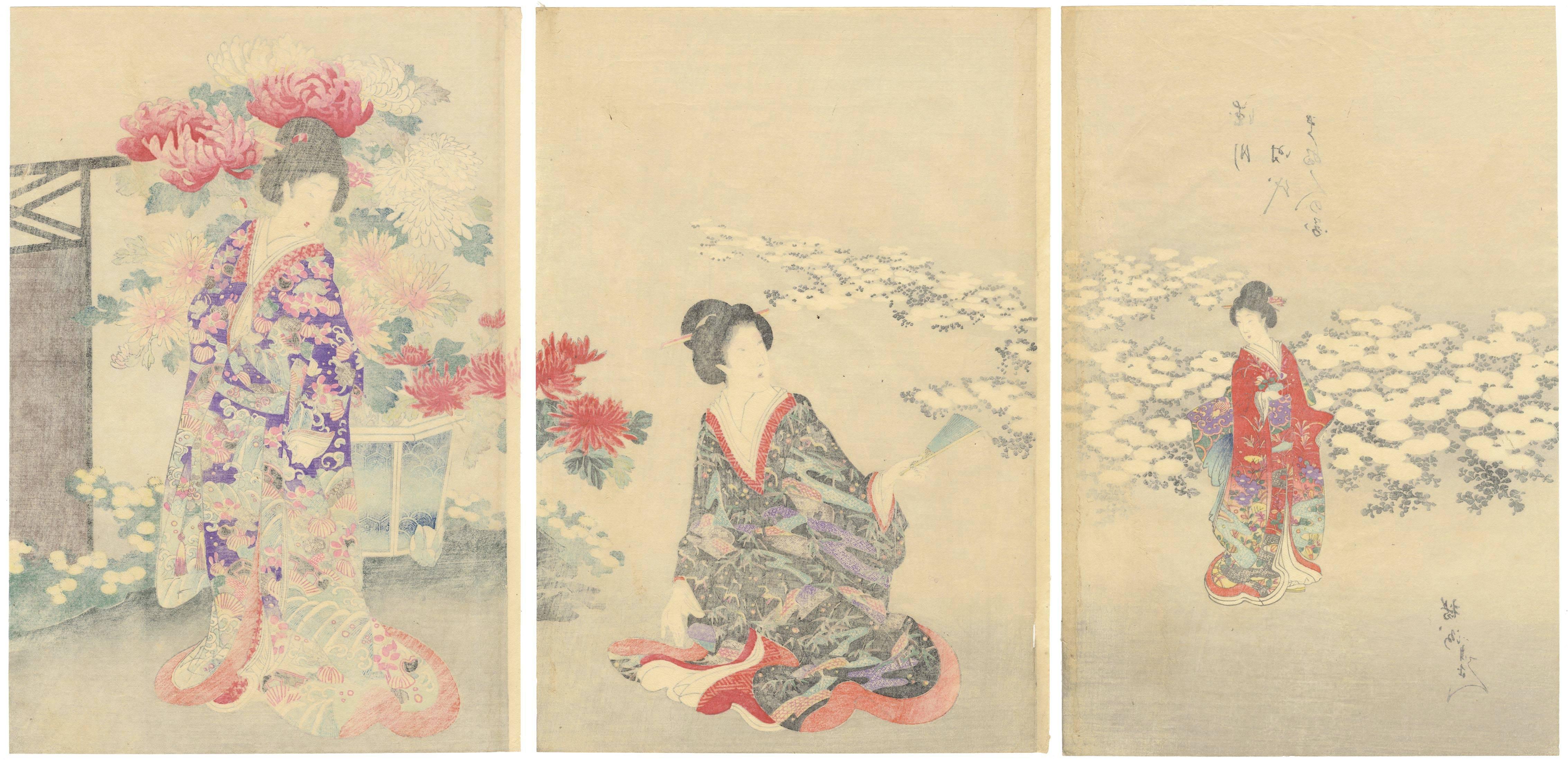 Chikanobu Japanese Woodblock Print, Tokugawa Court Ladies, Chrysanthemum Flowers - Beige Landscape Print by CHIKANOBU, Yoshu