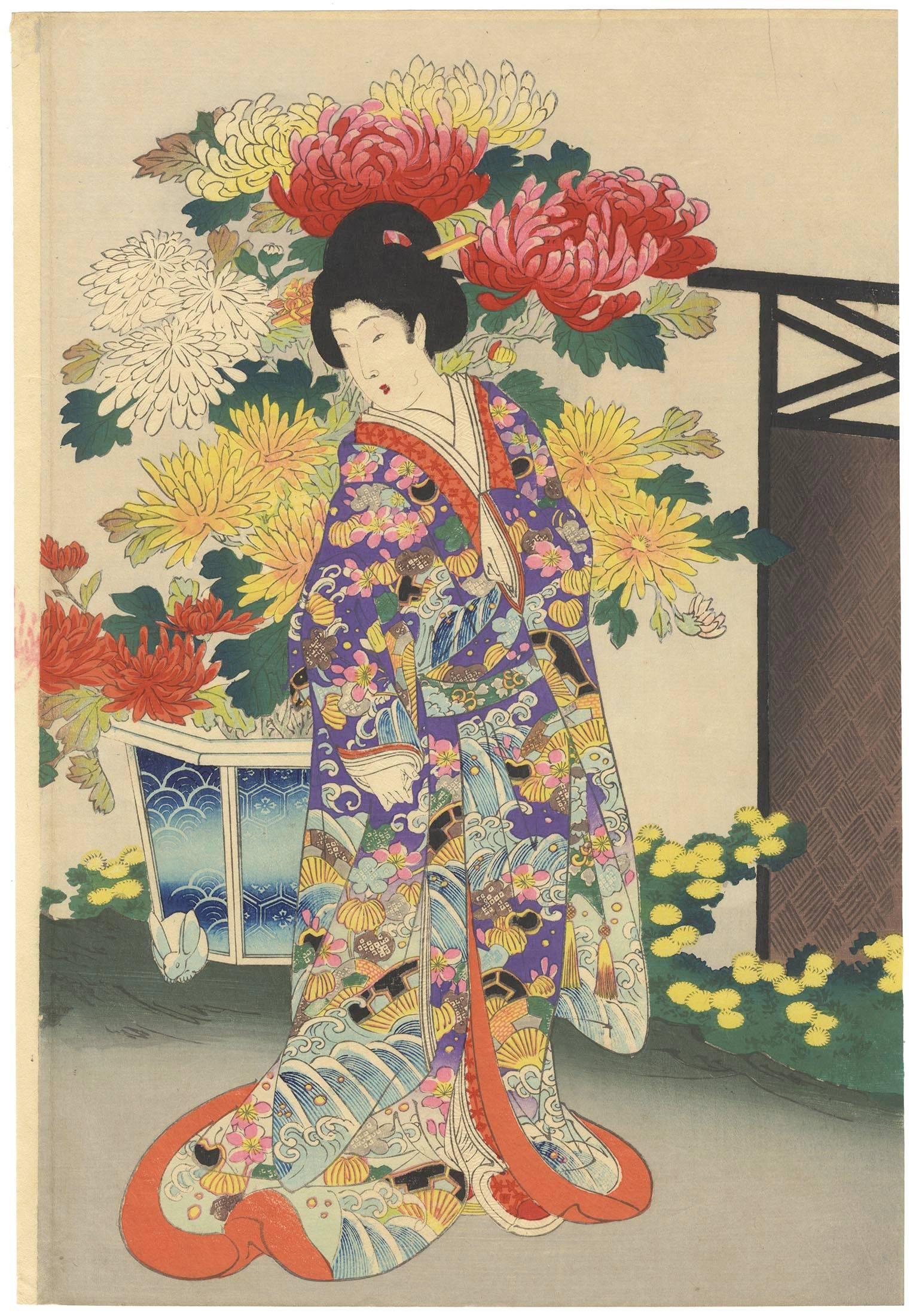 Chikanobu Japanese Woodblock Print, Tokugawa Court Ladies, Chrysanthemum Flowers 2