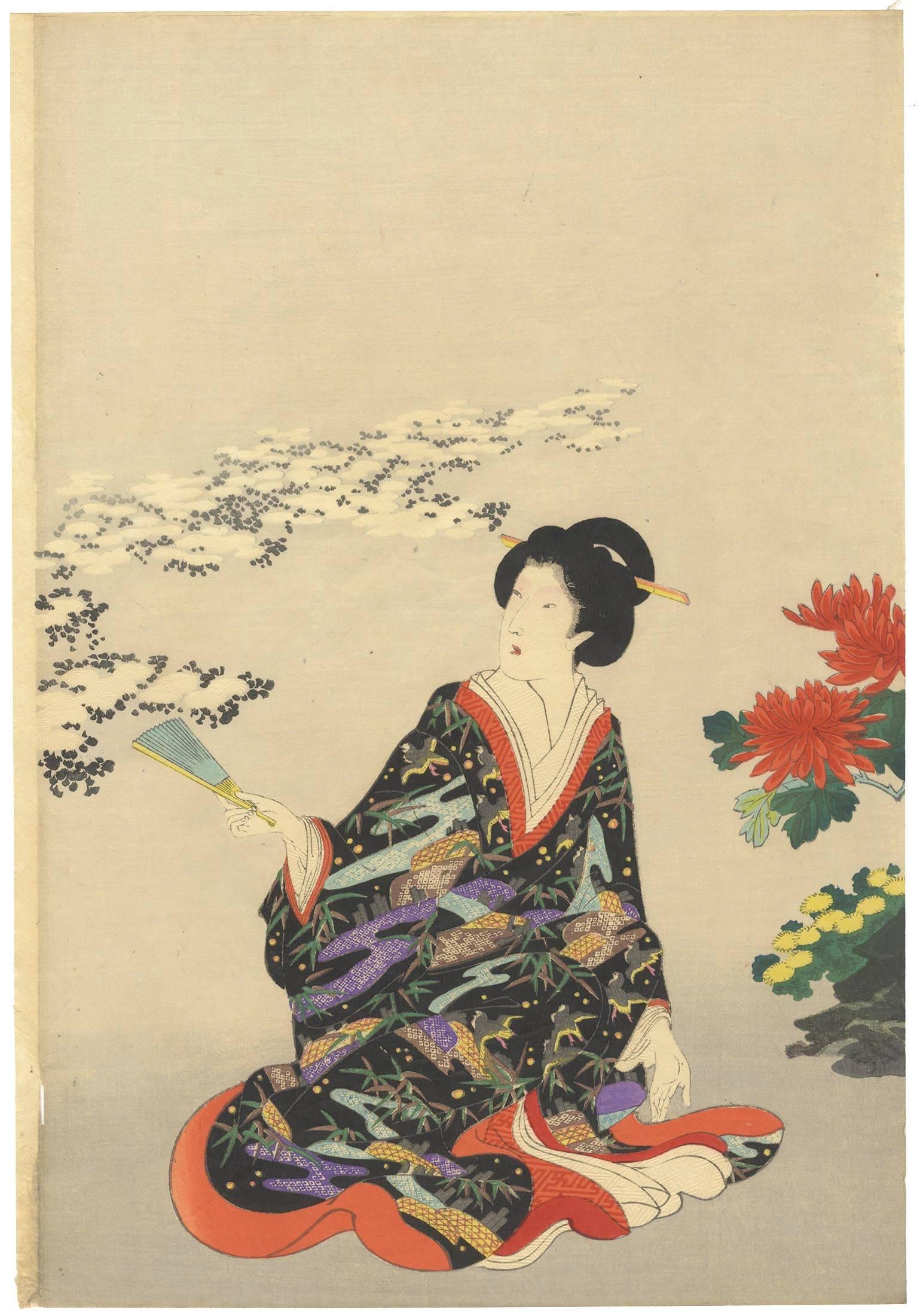 Chikanobu Japanese Woodblock Print, Tokugawa Court Ladies, Chrysanthemum Flowers 1