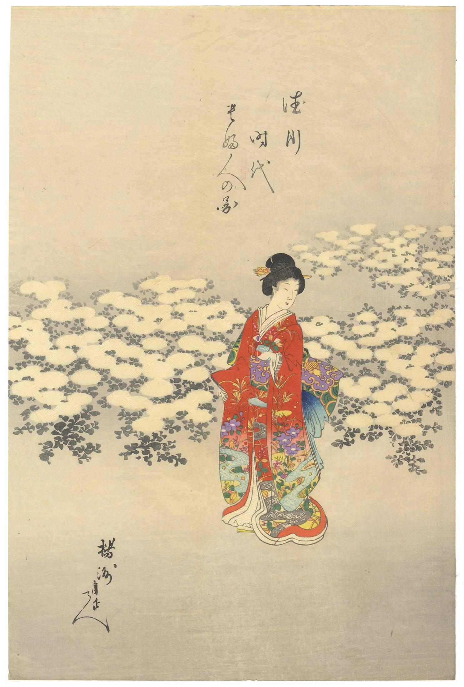Artist: Chikanobu Yoshu (1838-1912)
Title: Woman Red with White Chrysanthemum
Series Title: High-ranking Ladies of Tokugawa era
Date: Late 19th century
Publisher: Hasegawa Tsunejiro
L: 23.8cm x 35.7cm, M: 24.7cm x 35.7cm, R: 24.6cm x 35.7cm

This