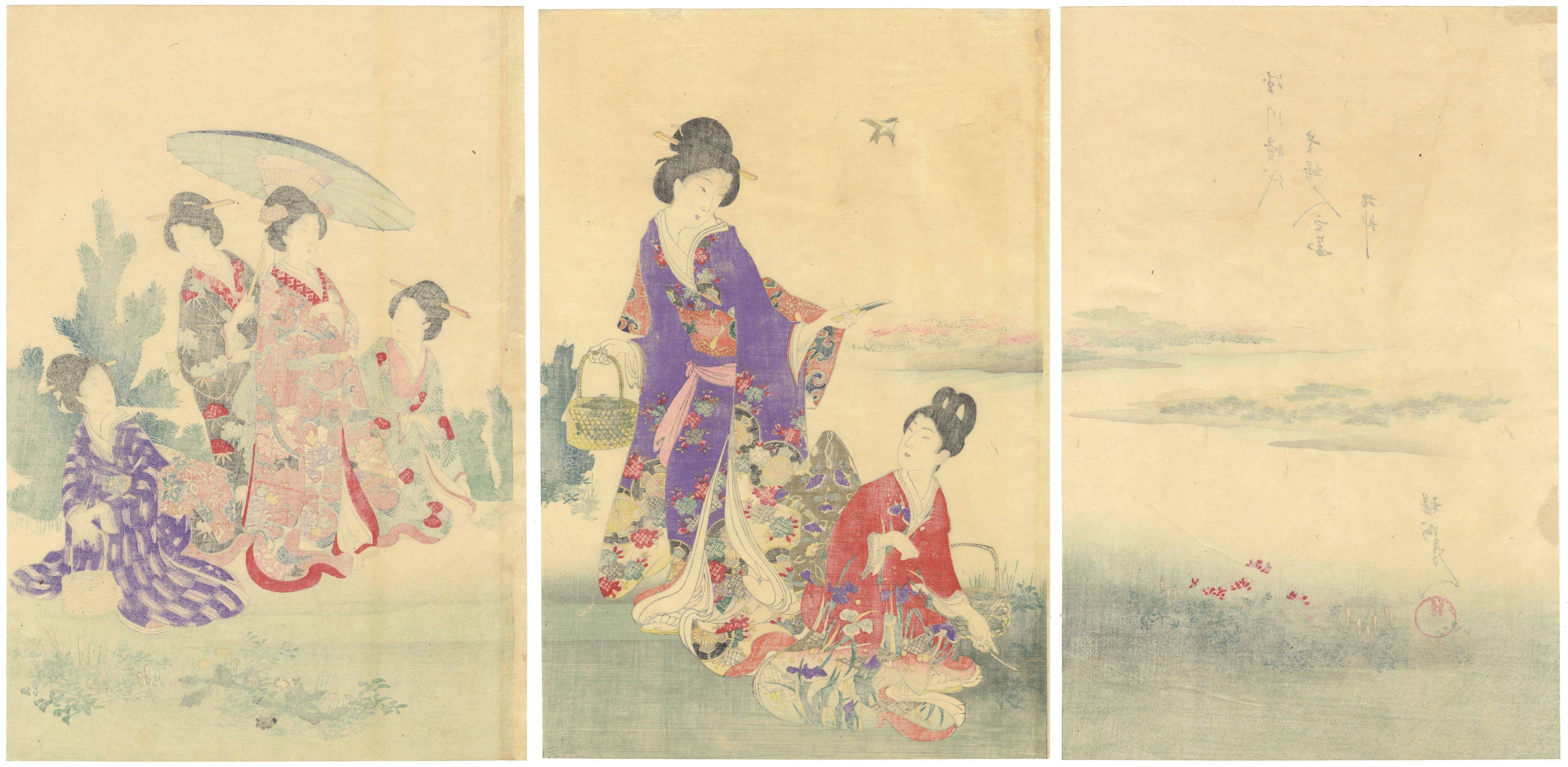 Chikanobu Yoshu, Court Ladies, Kimono, Nature, Japanese Woodblock Print, Beauty - Beige Figurative Print by CHIKANOBU, Yoshu