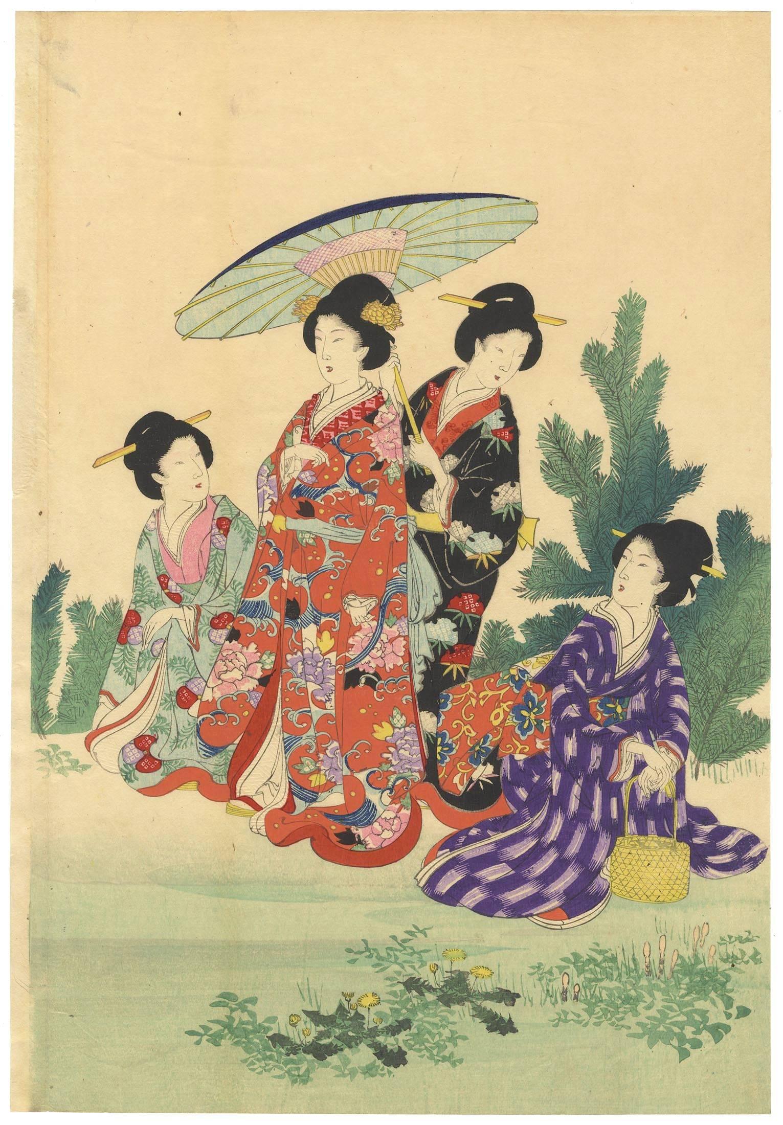 Chikanobu Yoshu, Court Ladies, Kimono, Nature, Japanese Woodblock Print, Beauty For Sale 4