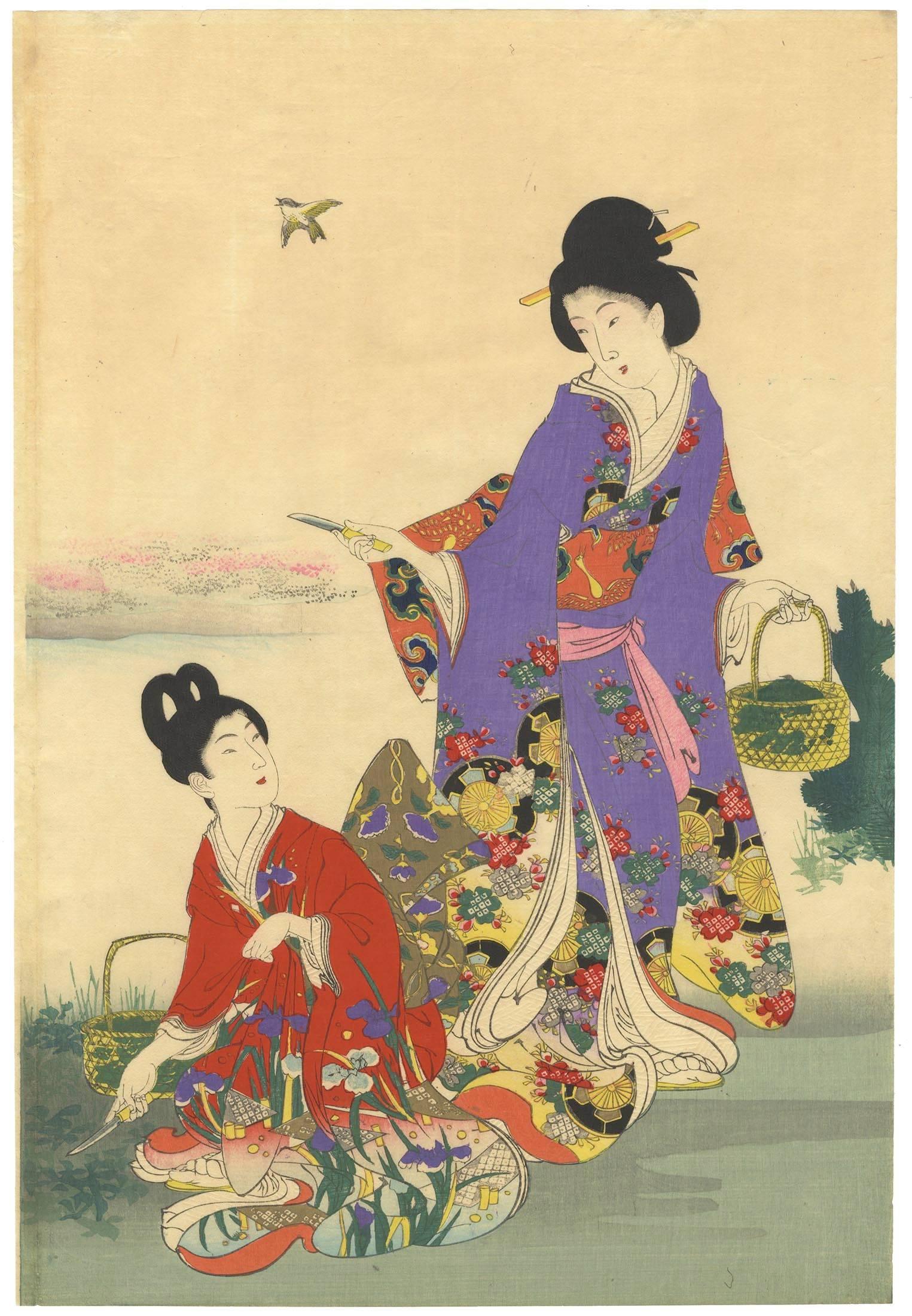 Chikanobu Yoshu, Court Ladies, Kimono, Nature, Japanese Woodblock Print, Beauty For Sale 2