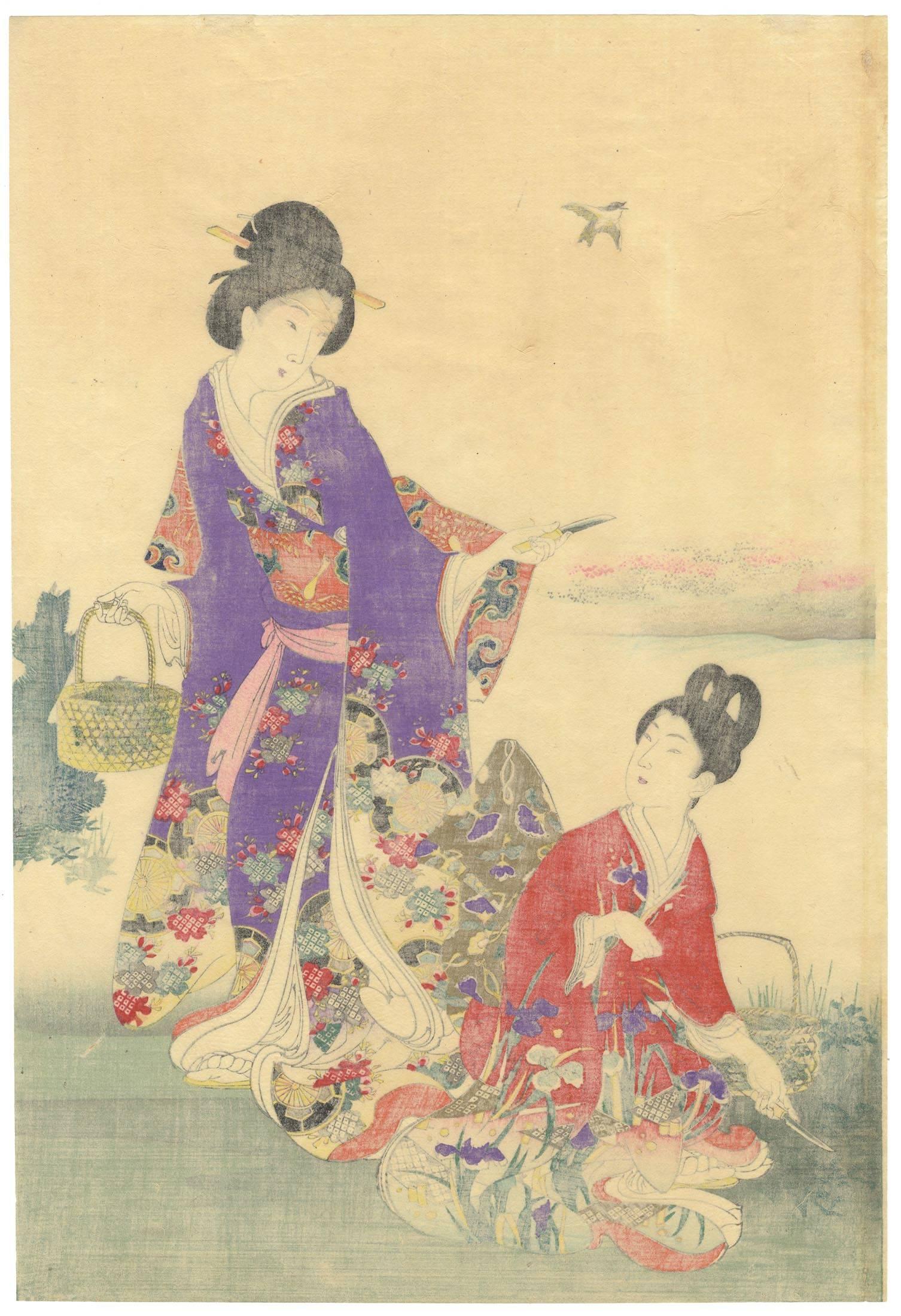 Chikanobu Yoshu, Court Ladies, Kimono, Nature, Japanese Woodblock Print, Beauty For Sale 3