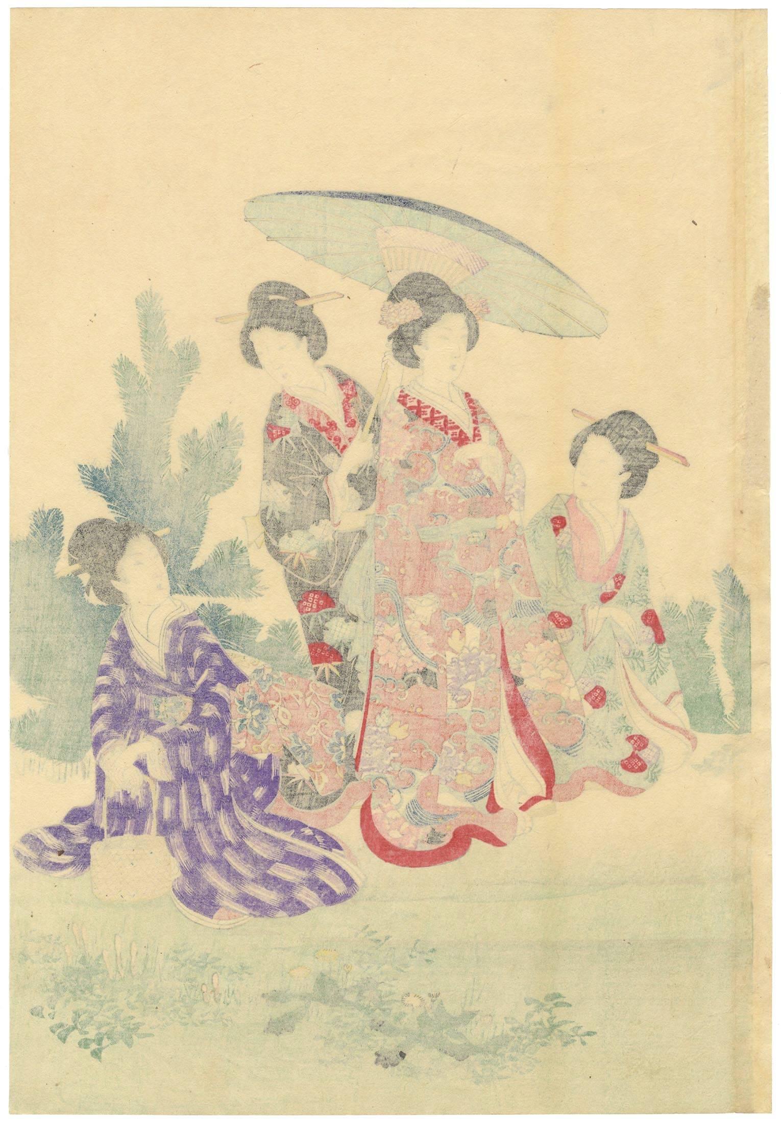 Chikanobu Yoshu, Court Ladies, Kimono, Nature, Japanese Woodblock Print, Beauty For Sale 5