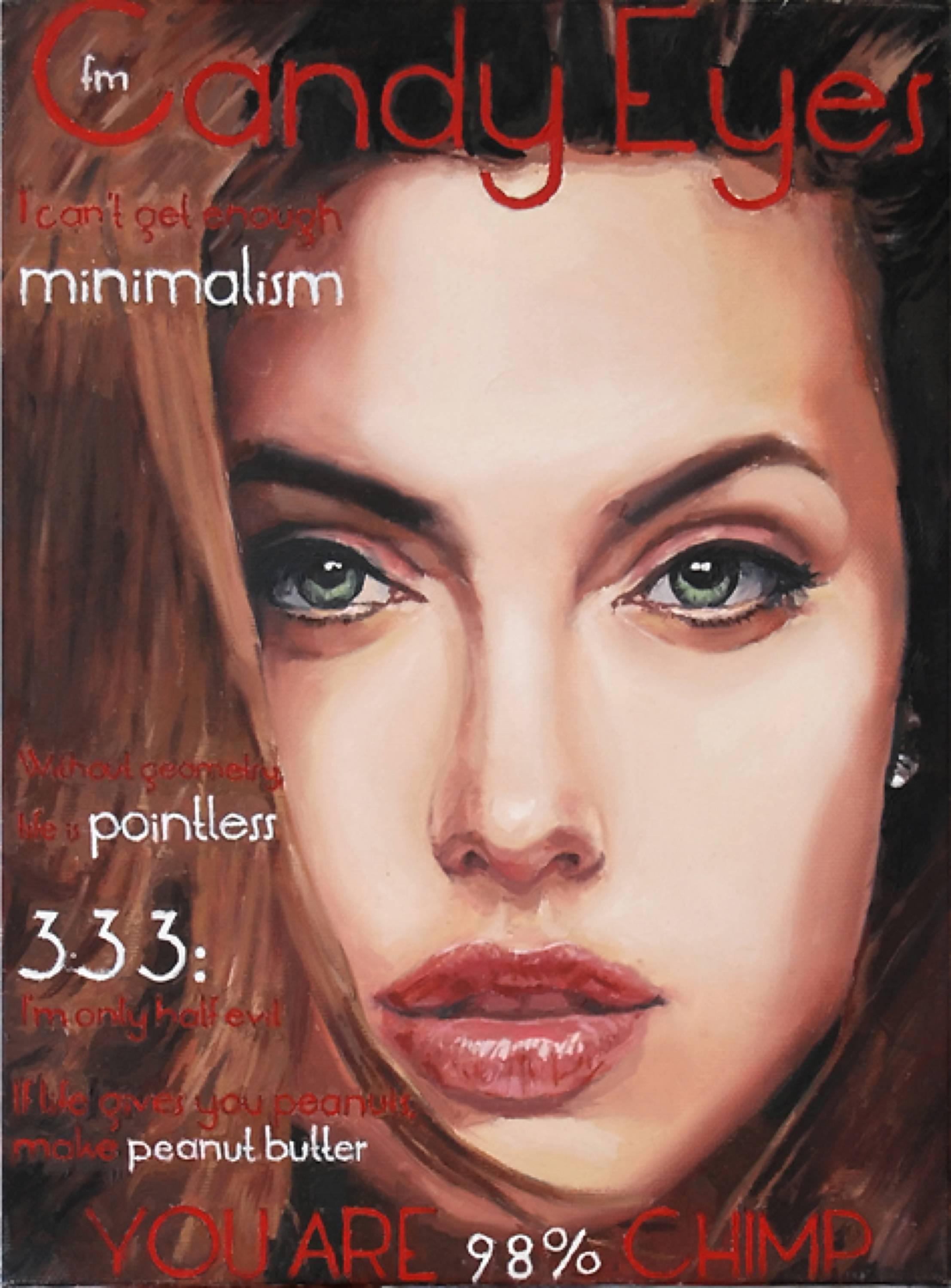 Mihai Florea Figurative Painting - Candy Eyes issue #2 - 21st Century, Portrait, Red, Angelina Jolie, Small, Oil 