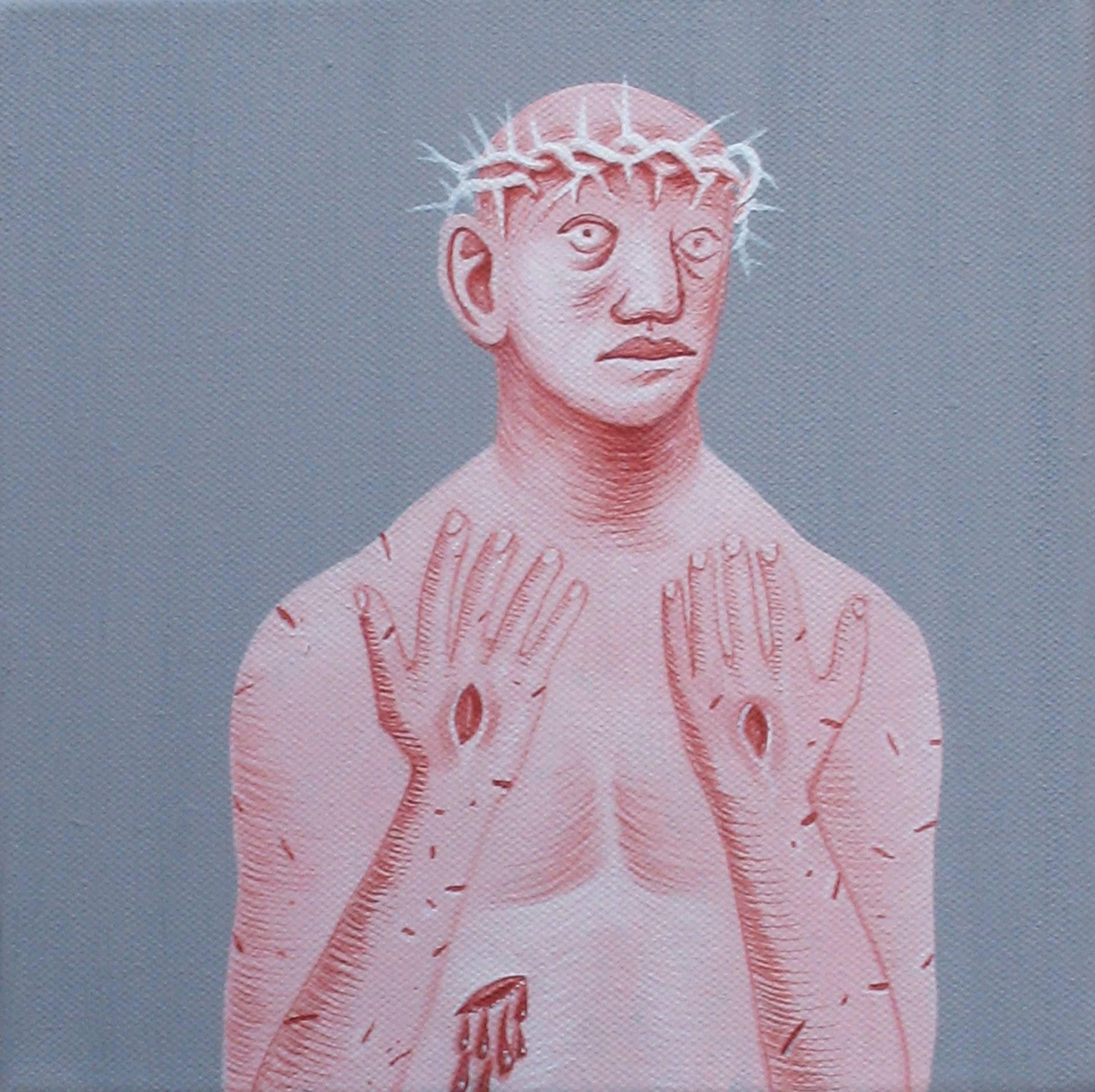 Alexandru Rădvan Figurative Painting - Small Christ 6 - Contemporary, Gray, Pink, Acrylic on Canvas, 21st Century