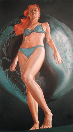 Future Worship - Contemporary, Blue, Figurative Painting, Woman, Redhead