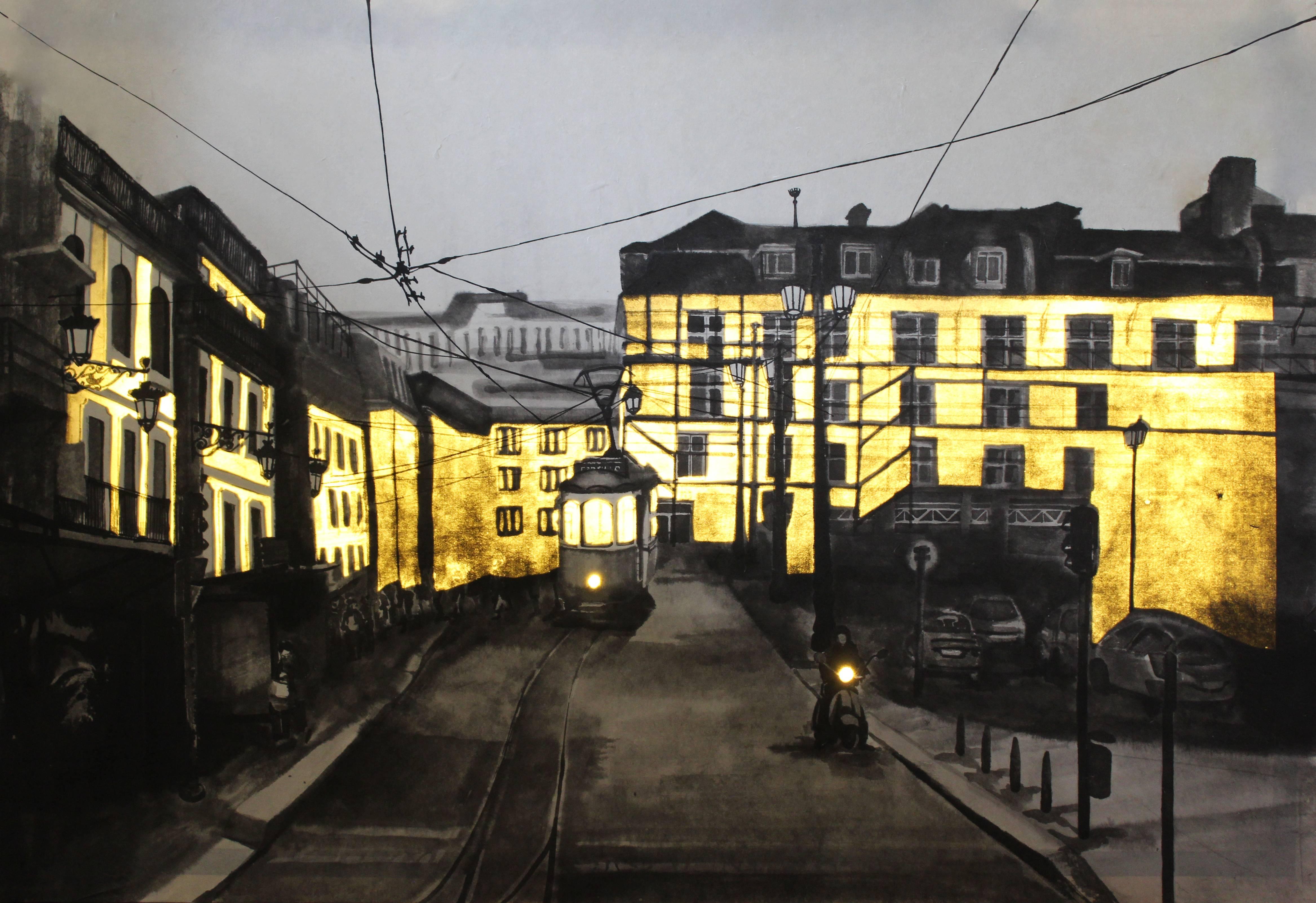 Bora Min Figurative Art - The light from Lisbon - Contemporary, Light Box, Urban, Cityscape, Drawing