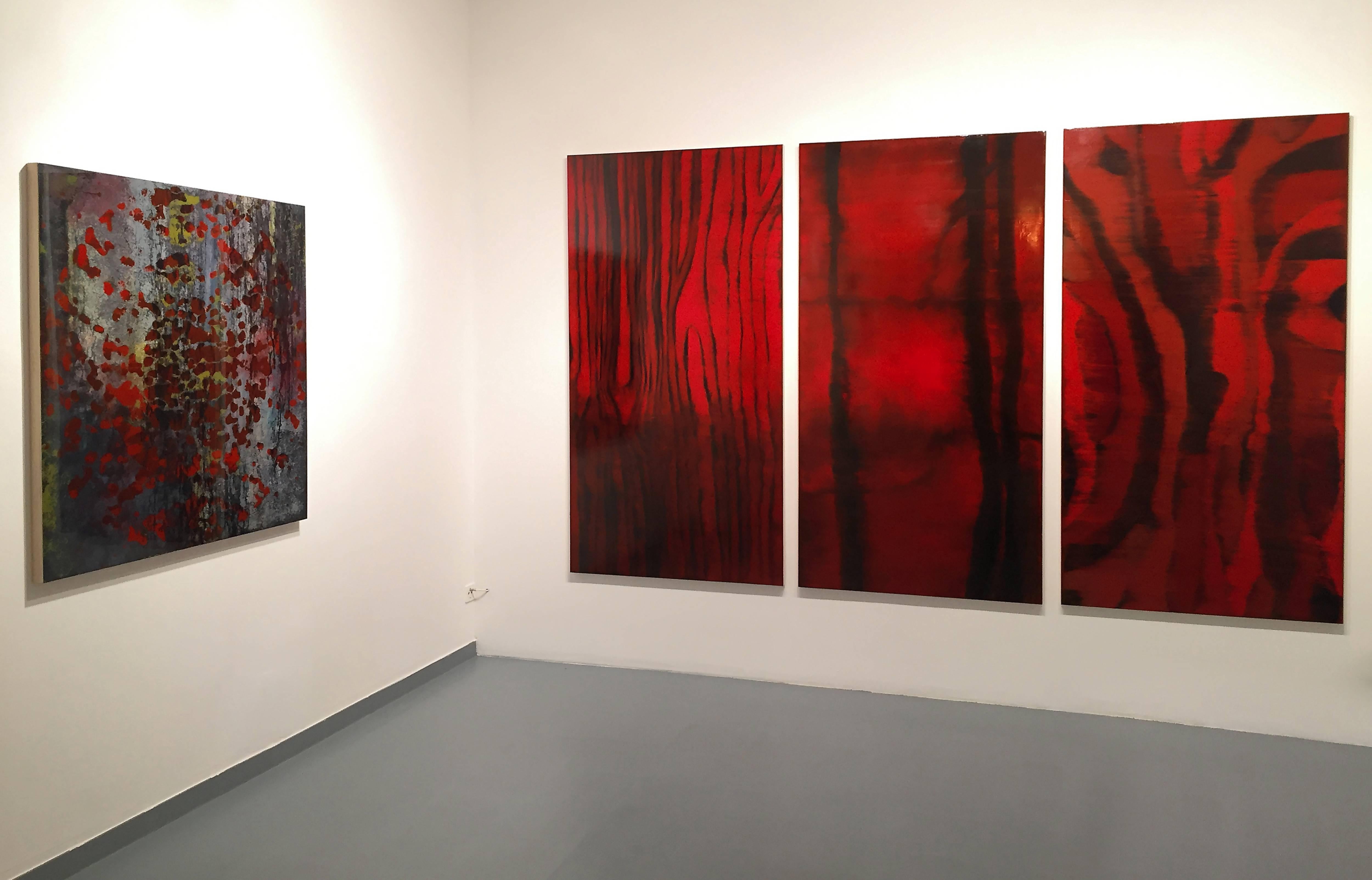 Heartbeat (Triptych) - 21st Century, Abstract Painting, Red, Beeswax, Attraction 1