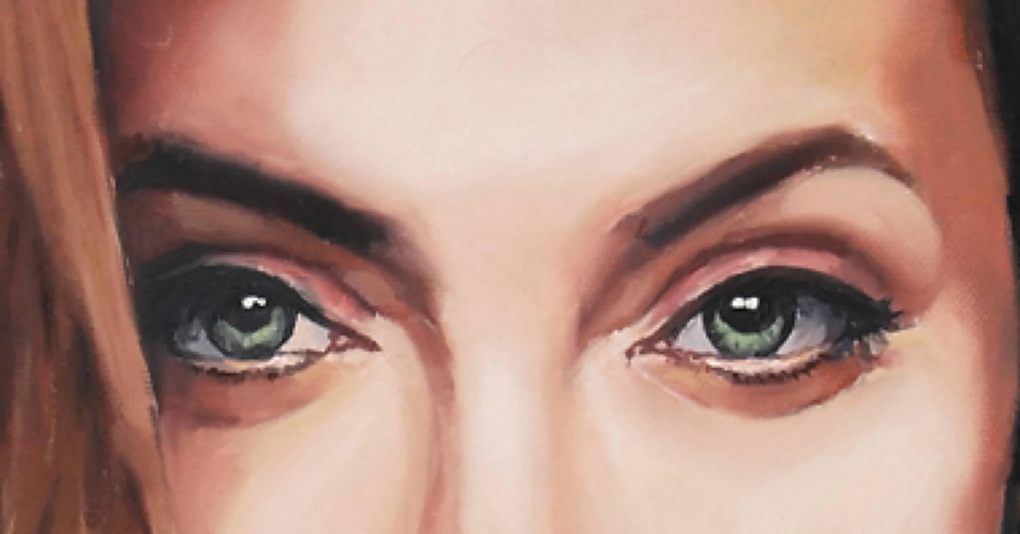 Candy Eyes issue #2 - 21st Century, Portrait, Red, Angelina Jolie, Small, Oil  - Painting by Mihai Florea