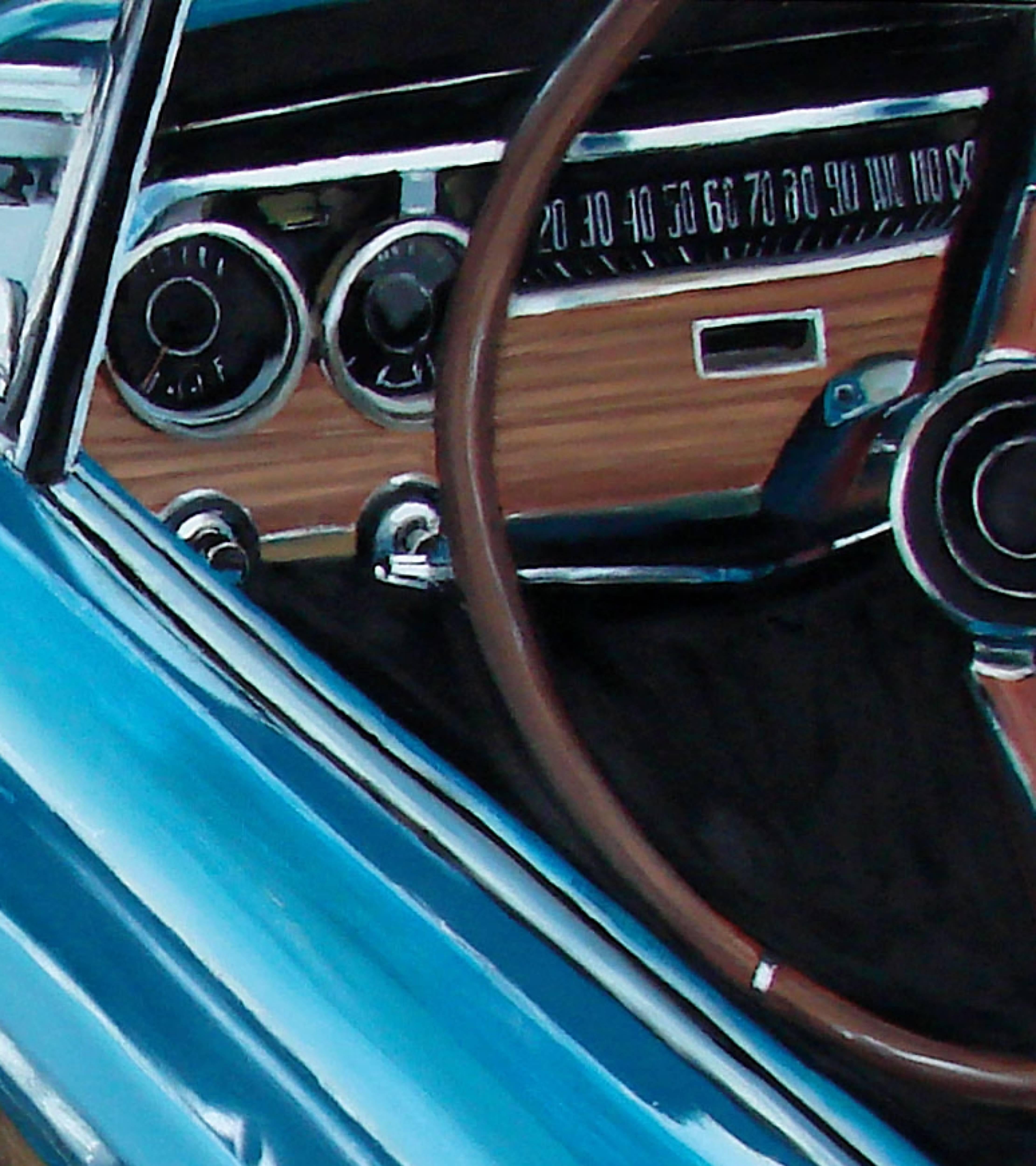 Glimmer. Saint Tropez. 1988 - Contemporary, Car, Oldtimer, Blue, Figurative  - Painting by Mihai Florea