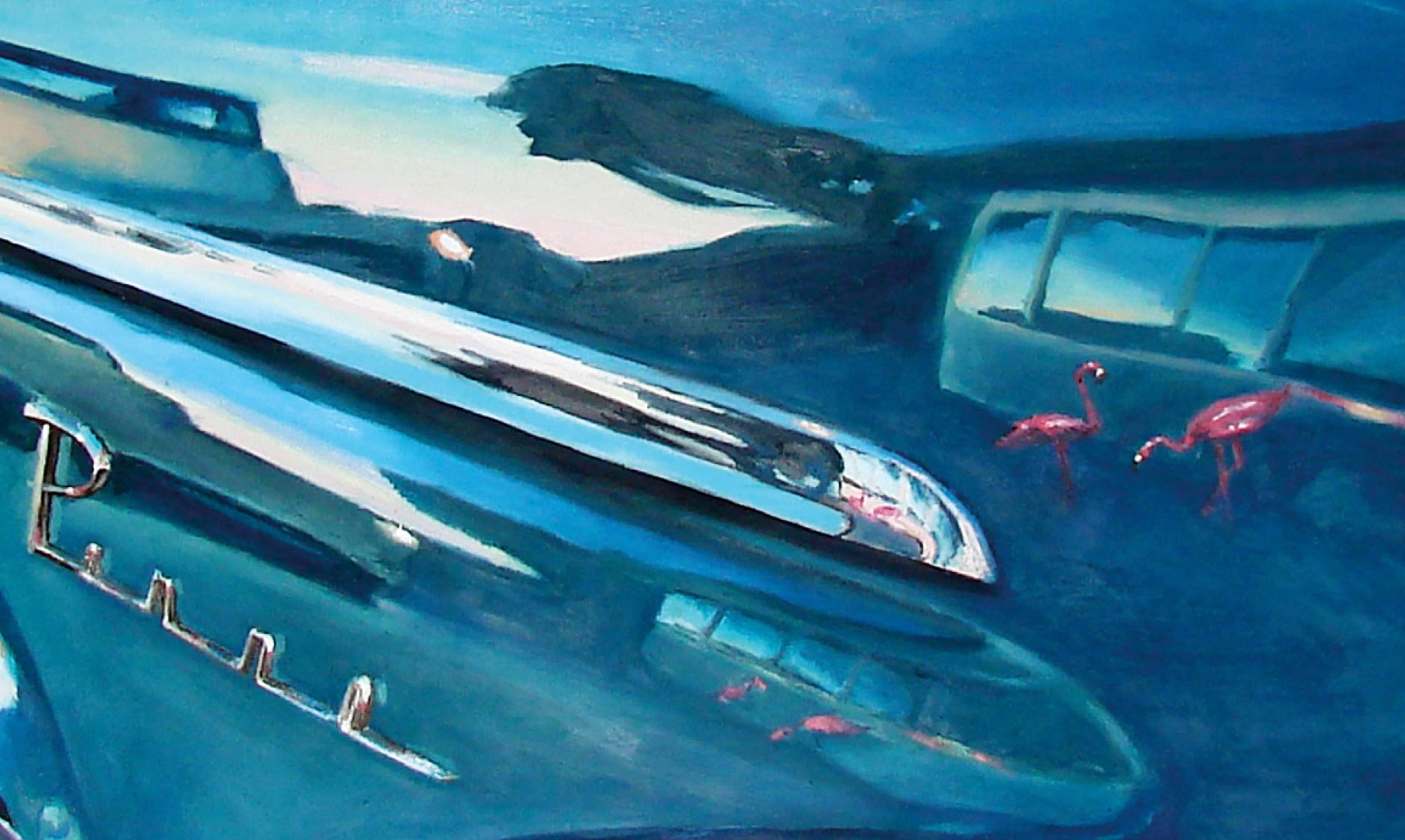 Pink.Havana.1953 - 21st Century, Oldtimer, Car, Blue, Oil Painting, Berlin (Blau), Figurative Painting, von Mihai Florea