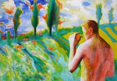 The pigs - Contemporary, Landscape, Green, Yellow, Blue, Human, Myth, Figurative