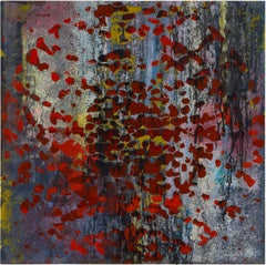 Deep dots - Abstract Painting, Red, Blue, Acrylic Paint on Glass, Contemporary