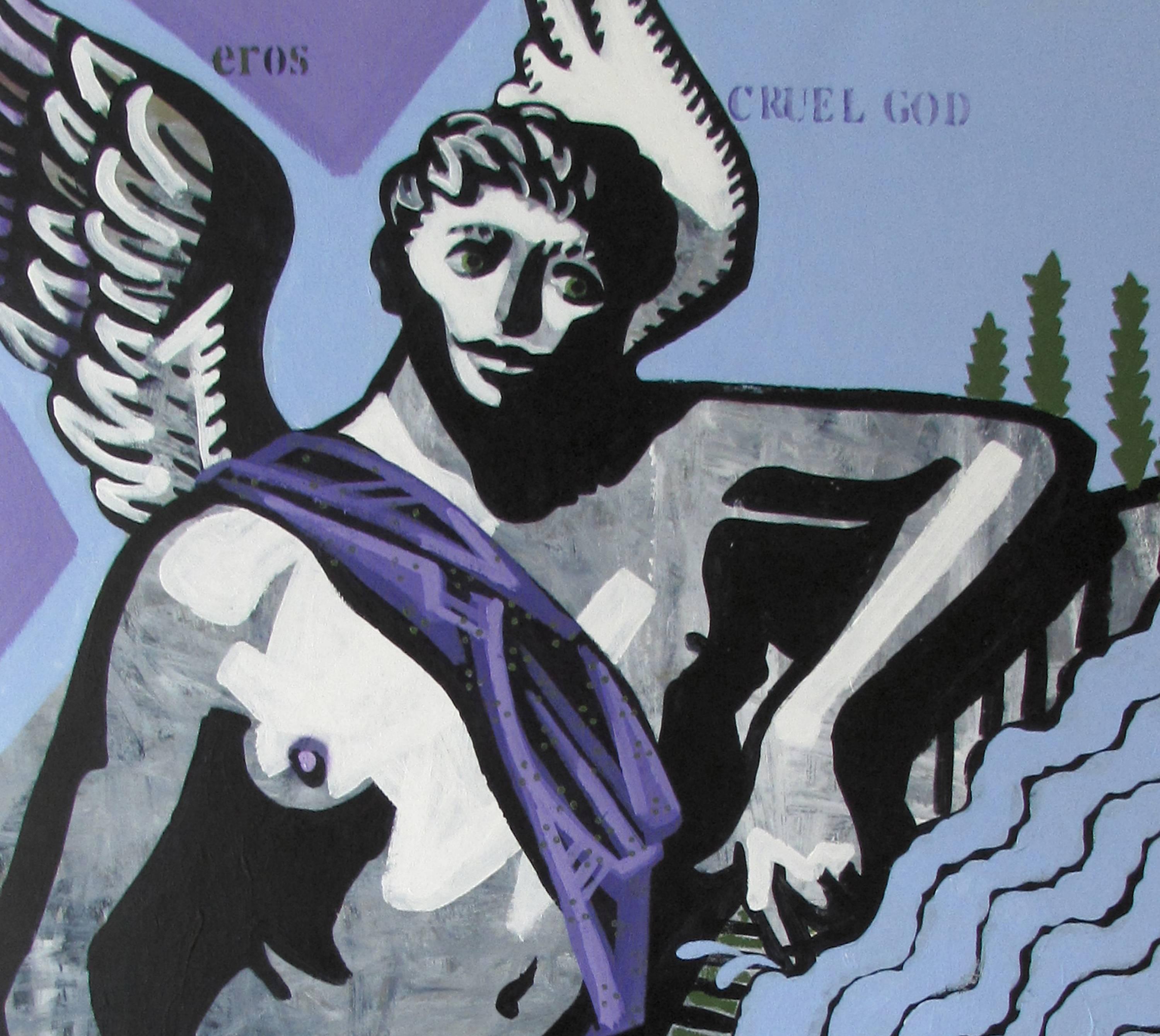 Eros Cruel God, 2018
Acrylic on canvas (Signed front right corner)
82.67 H × 47.24 W in
210 H × 120 W cm

The artist reinterprets the myths of Apollo and Daphne from Greek Mythology. 
Apollo, the god of light, day, and art, insults the god of love,