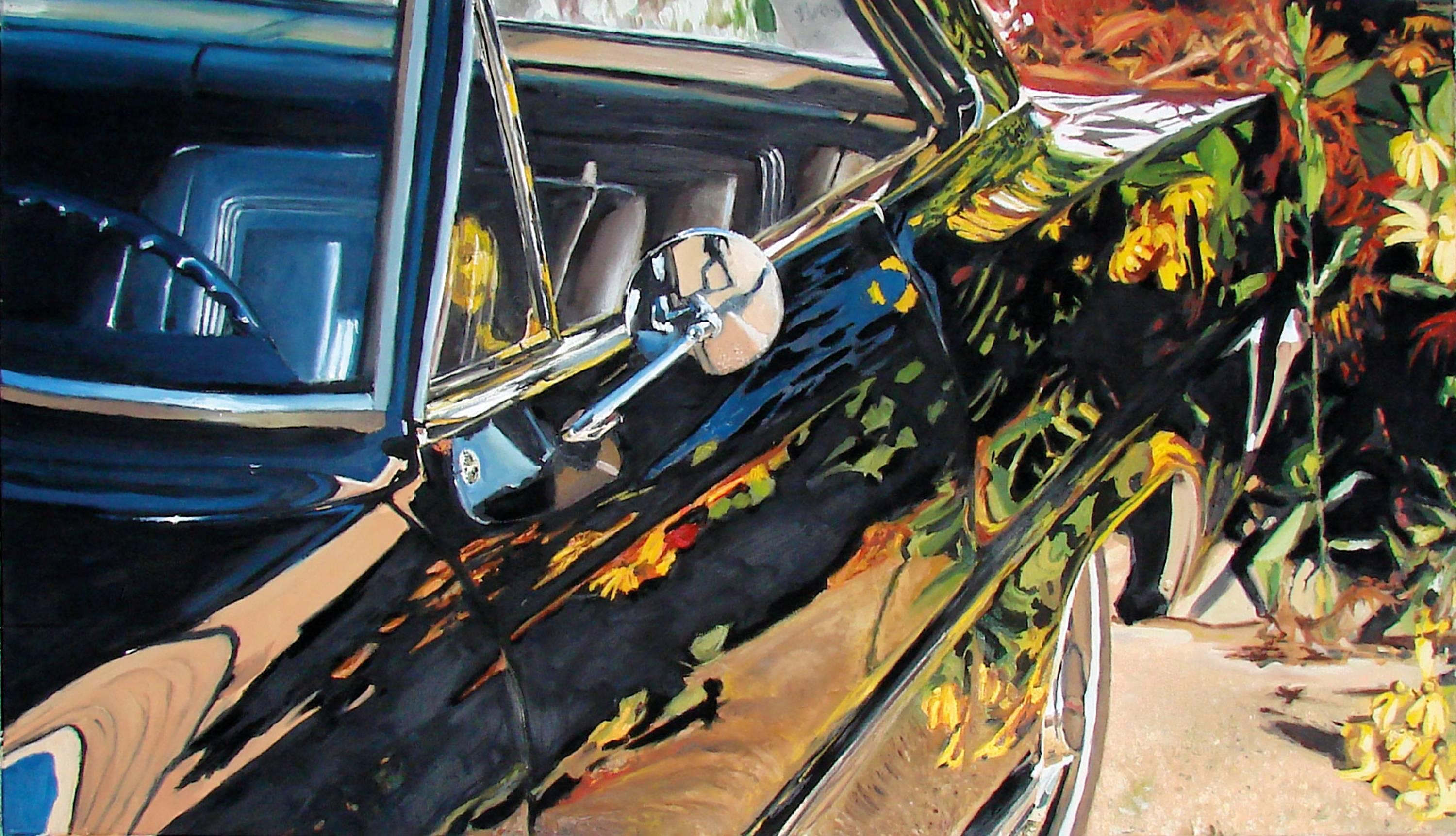 Mihai Florea Figurative Painting – Blooming. San Francisco. 1969 - 21st Century, Car, Oldtimer, Plymouth, Oil Paint