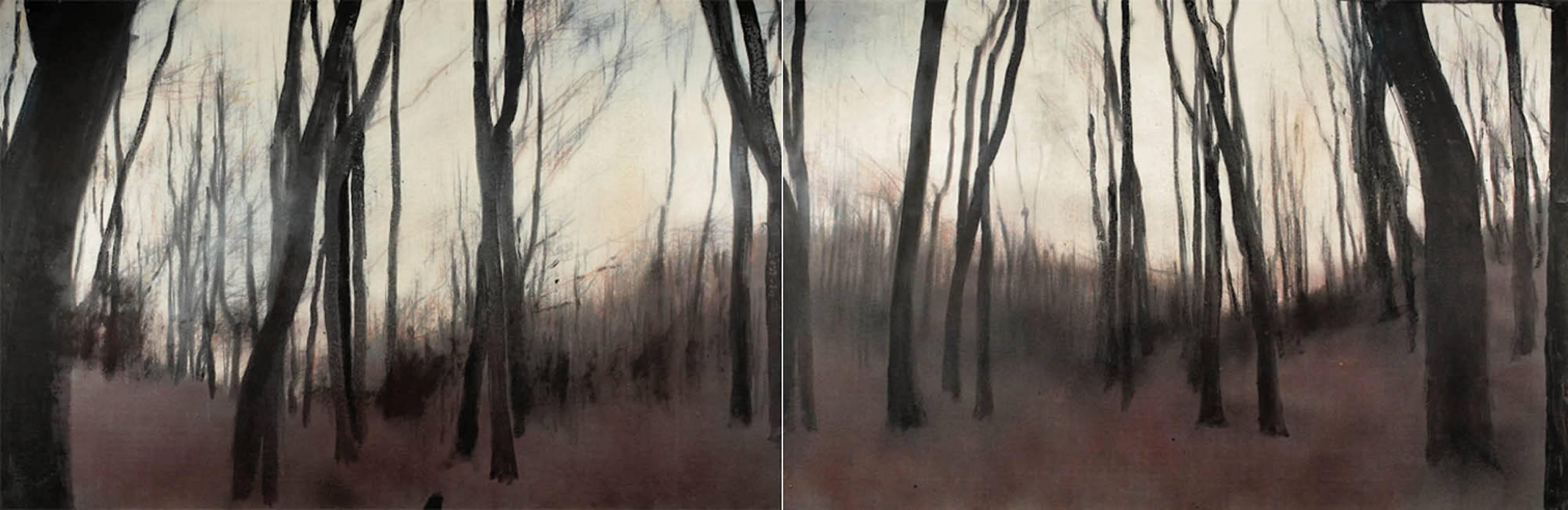Cider forest V (diptych) - Contemporary, Landscape, Beige, Brown, Trees, Nature