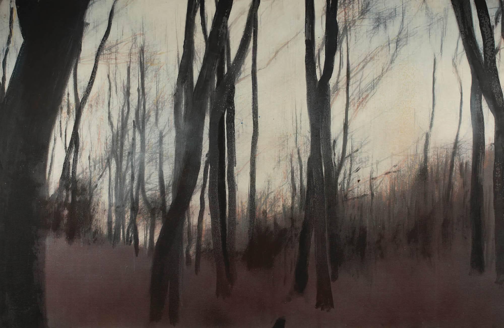 Cider forest V (diptych) - Contemporary, Landscape, Beige, Brown, Trees, Nature - Painting by Ioan Sbârciu