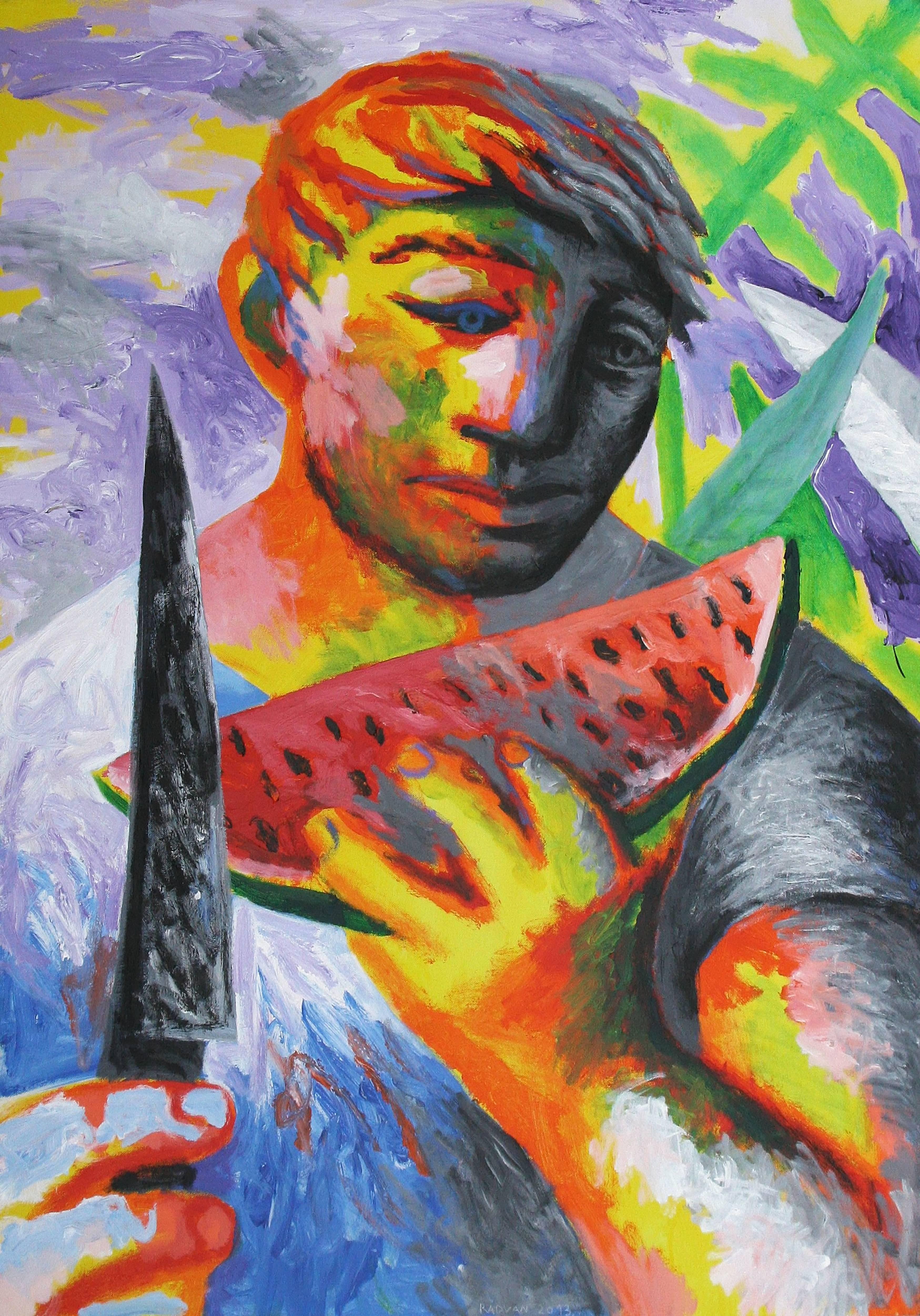 Wassermelonen-Figuratives Gemälde, 21. Jahrhundert, Buntes, Mensch, Obst, Orange