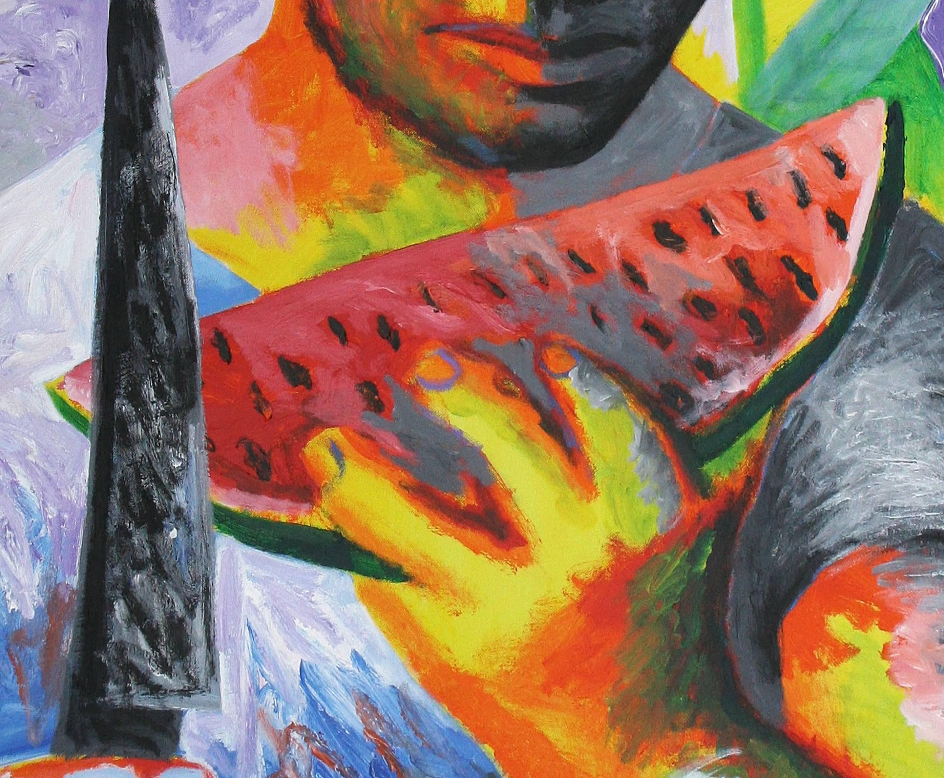 Wassermelonen-Figuratives Gemälde, 21. Jahrhundert, Buntes, Mensch, Obst, Orange (Neue Wilde), Painting, von Alexandru Rădvan