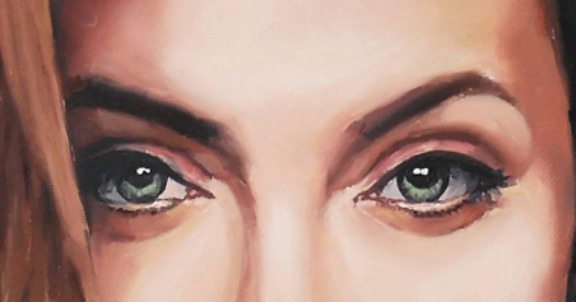 Candy Eyes issue #2 - 21st Century, Portrait, Red, Green Eyes, Figurative, Woman - Painting by Mihai Florea