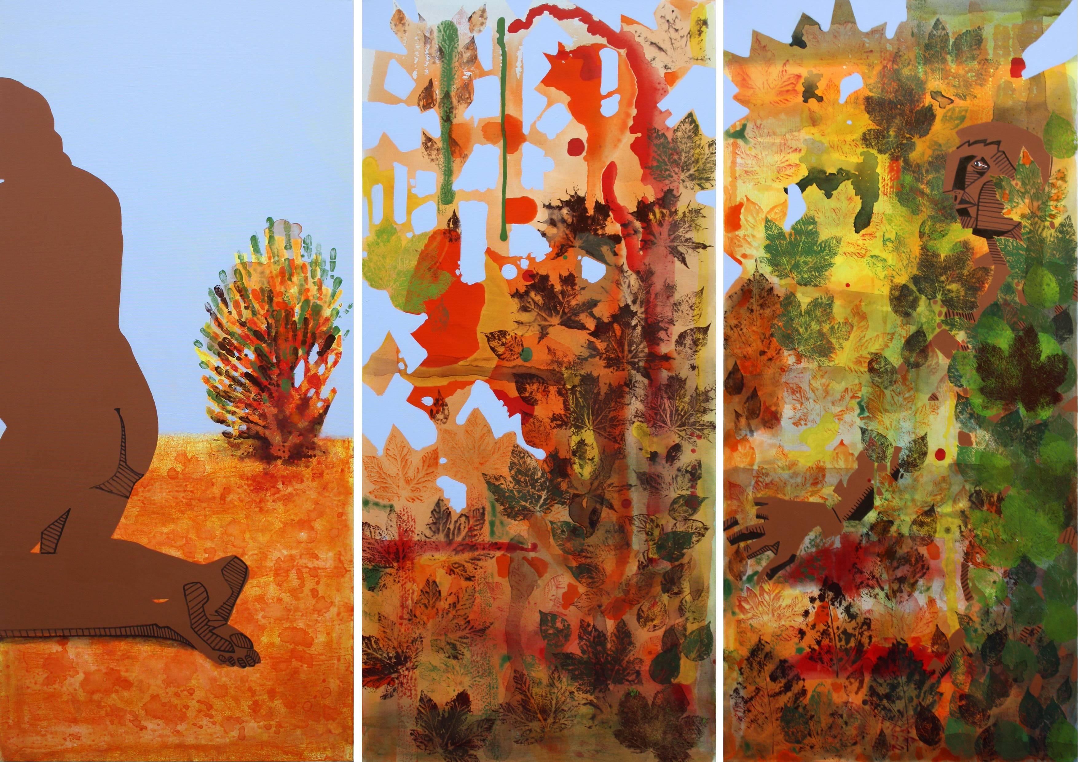 Voyeur (triptych) - Orange, Landscape, Figurative Painting, Nude, Brown, Acrylic