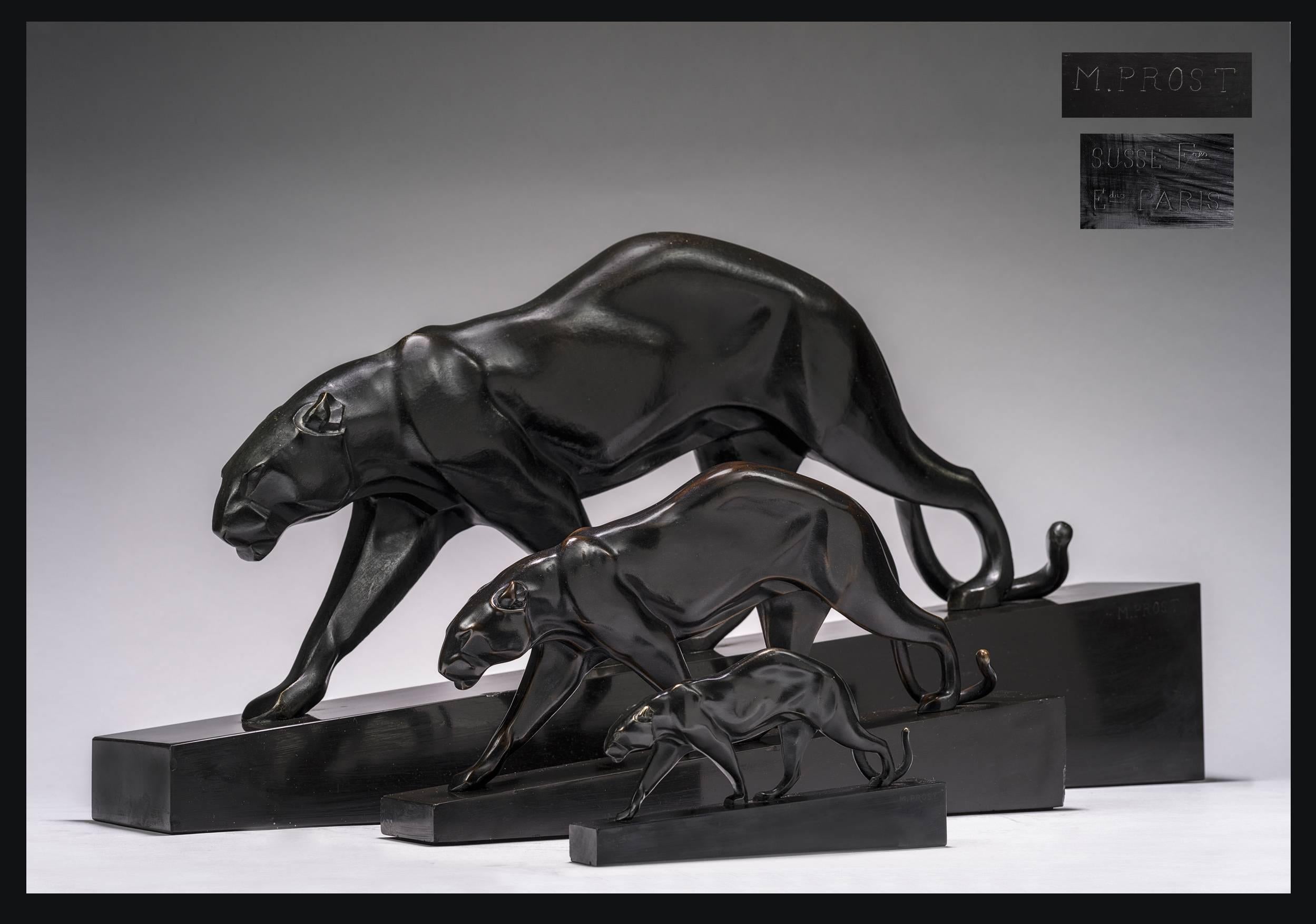 Maurice Prost Figurative Sculpture - Three Walking Black Panthers, circa 1930