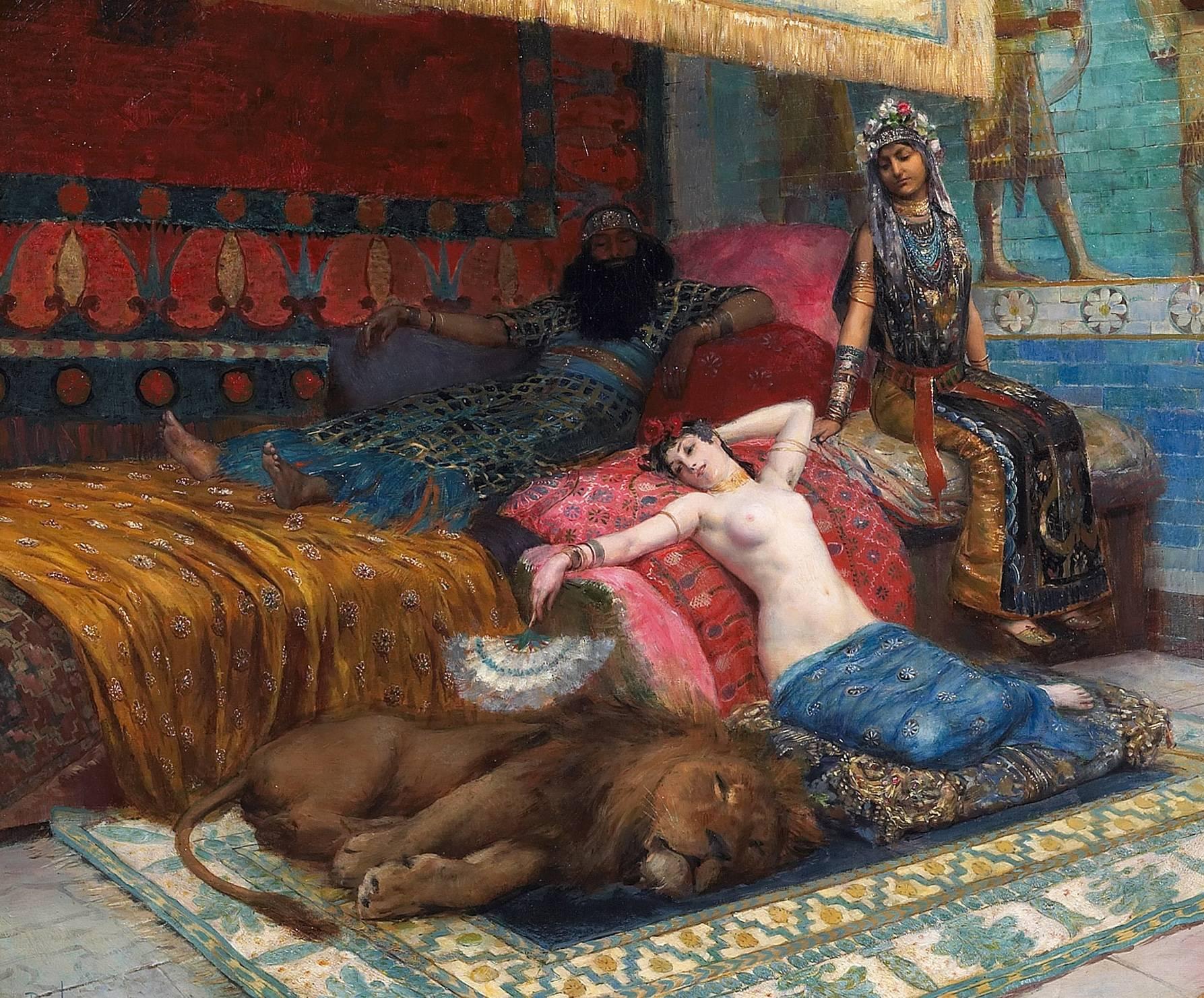 Georges Antoine Rochegrosse Figurative Painting - The Slave and the Lion, 1888