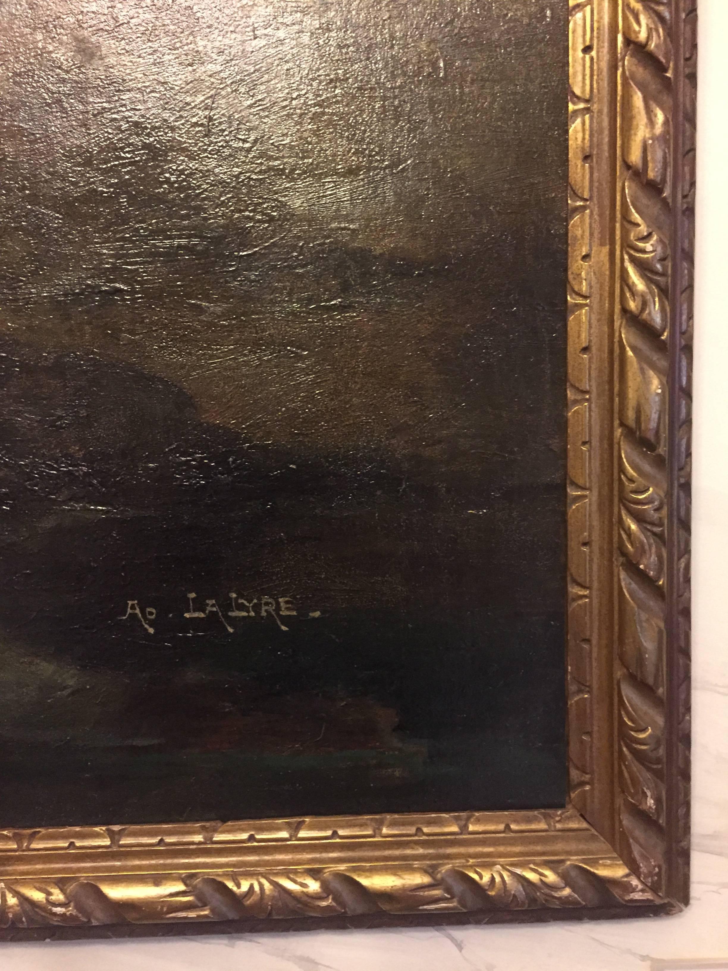 Dans les Rochers de la Plage, une Carteret  - Painting de Adolphe Lalyre 